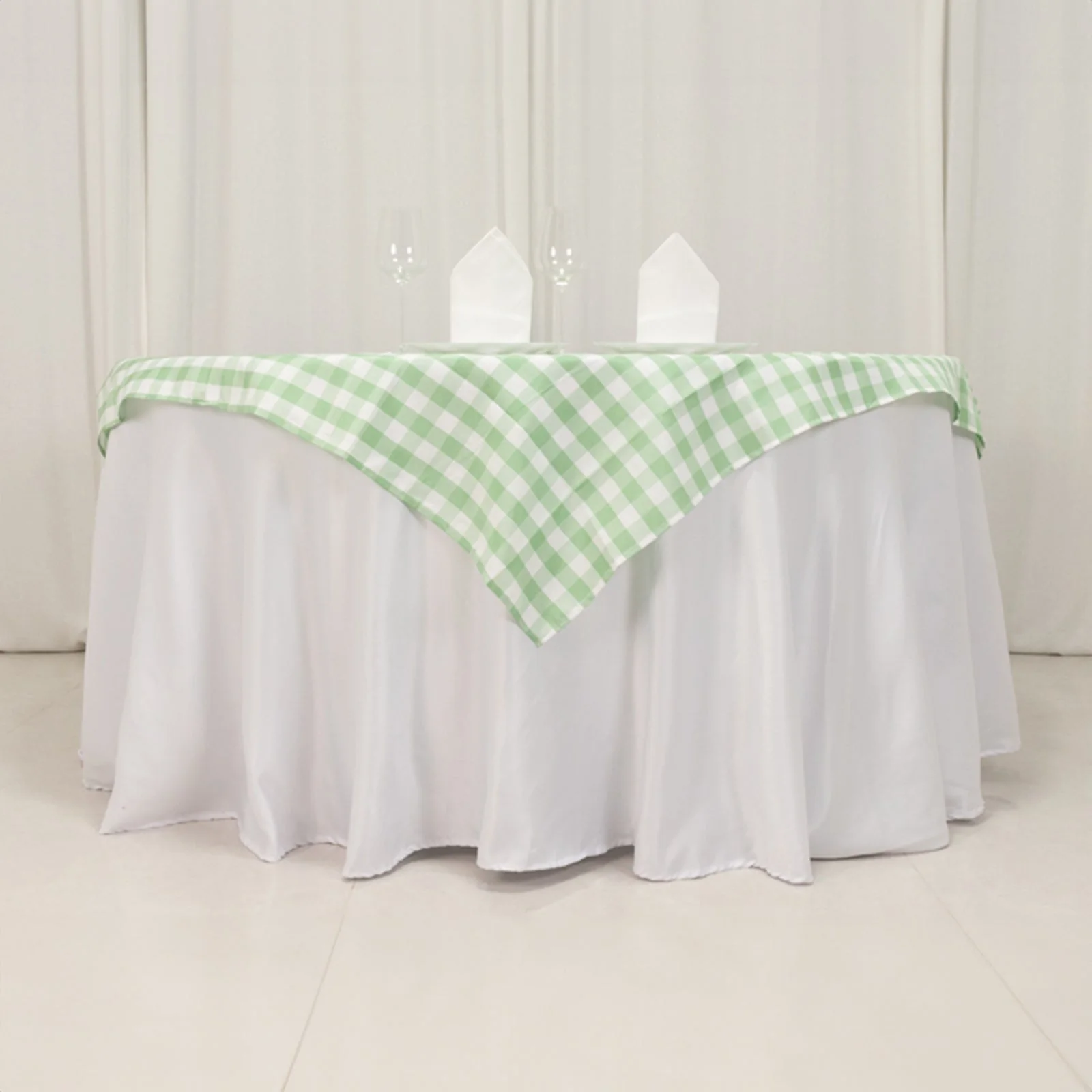 Polyester Square Table Overlay 54"x54" White/Sage Green Checkered Buffalo Plaid Tablecloth Topper - Image 2