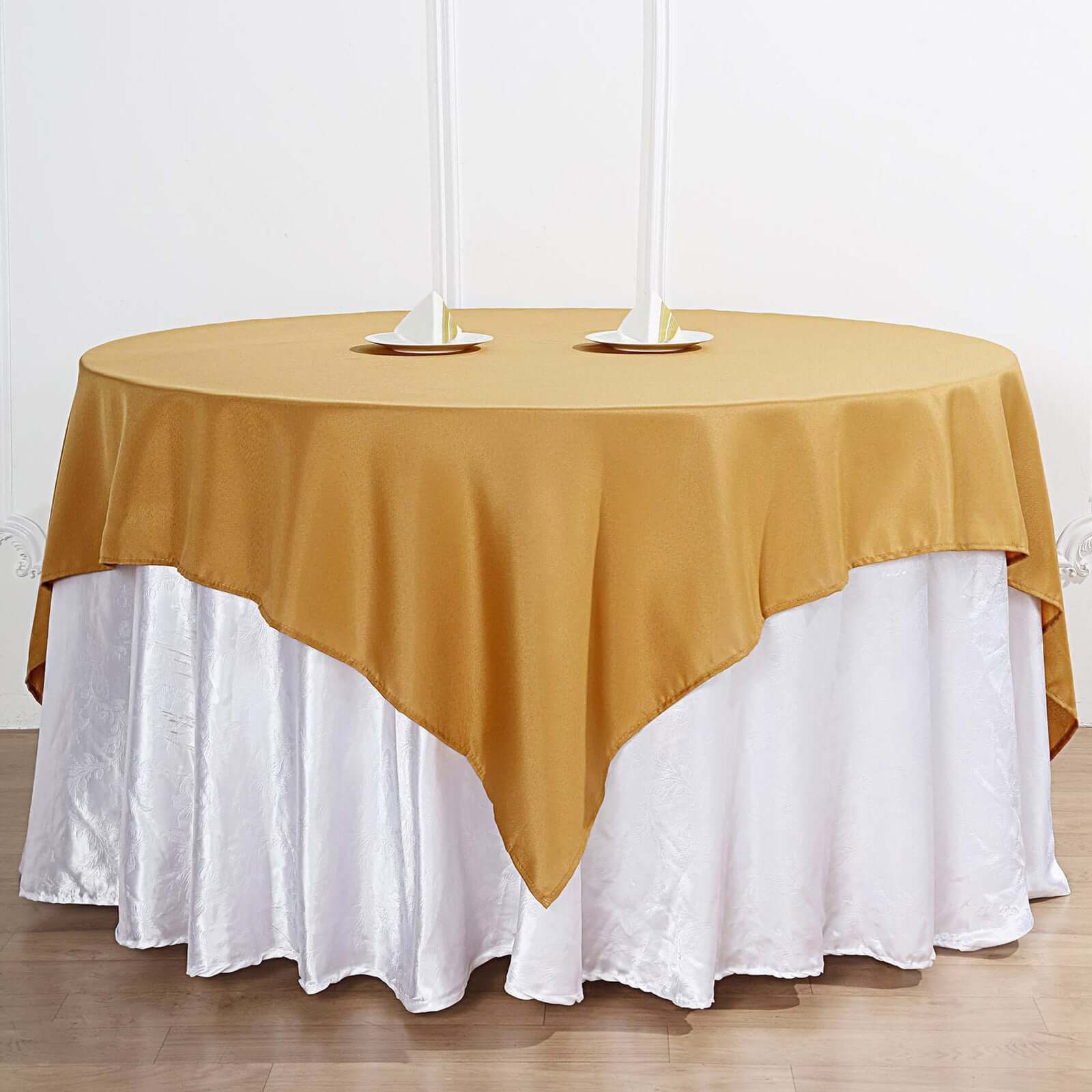 Polyester Square Table Overlay 70"x70" Gold - Wrinkle-Resistant Table Topper for Weddings & Events - Image 2
