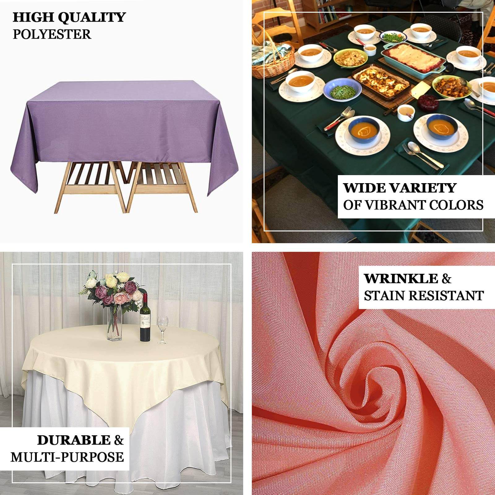 Polyester Square Table Overlay 70"x70" Lavender Lilac - Wrinkle-Resistant Table Topper - Image 3