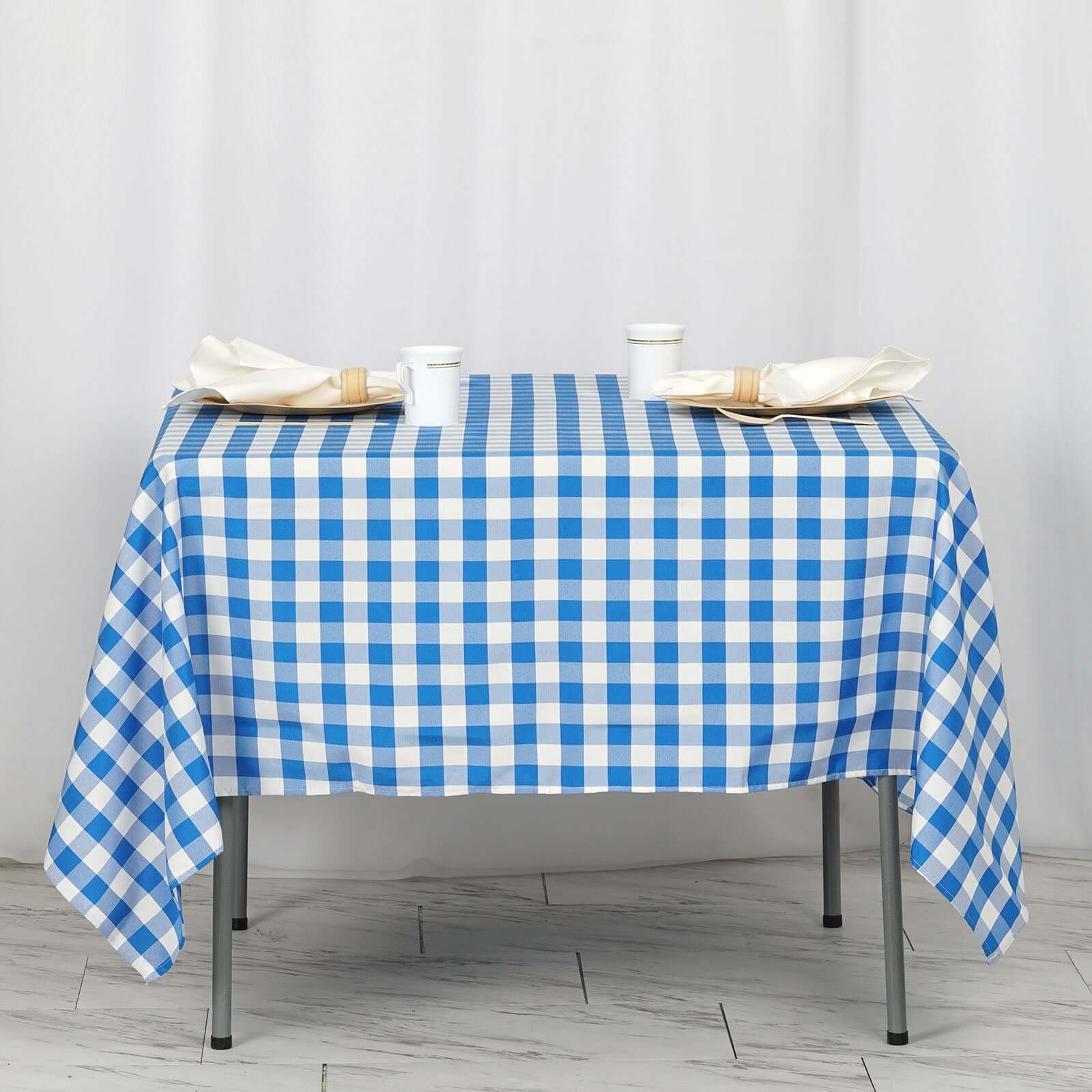 Polyester Square Table Overlay 70"x70" White/Blue Checkered Buffalo Plaid Tablecloth Topper - Image 7