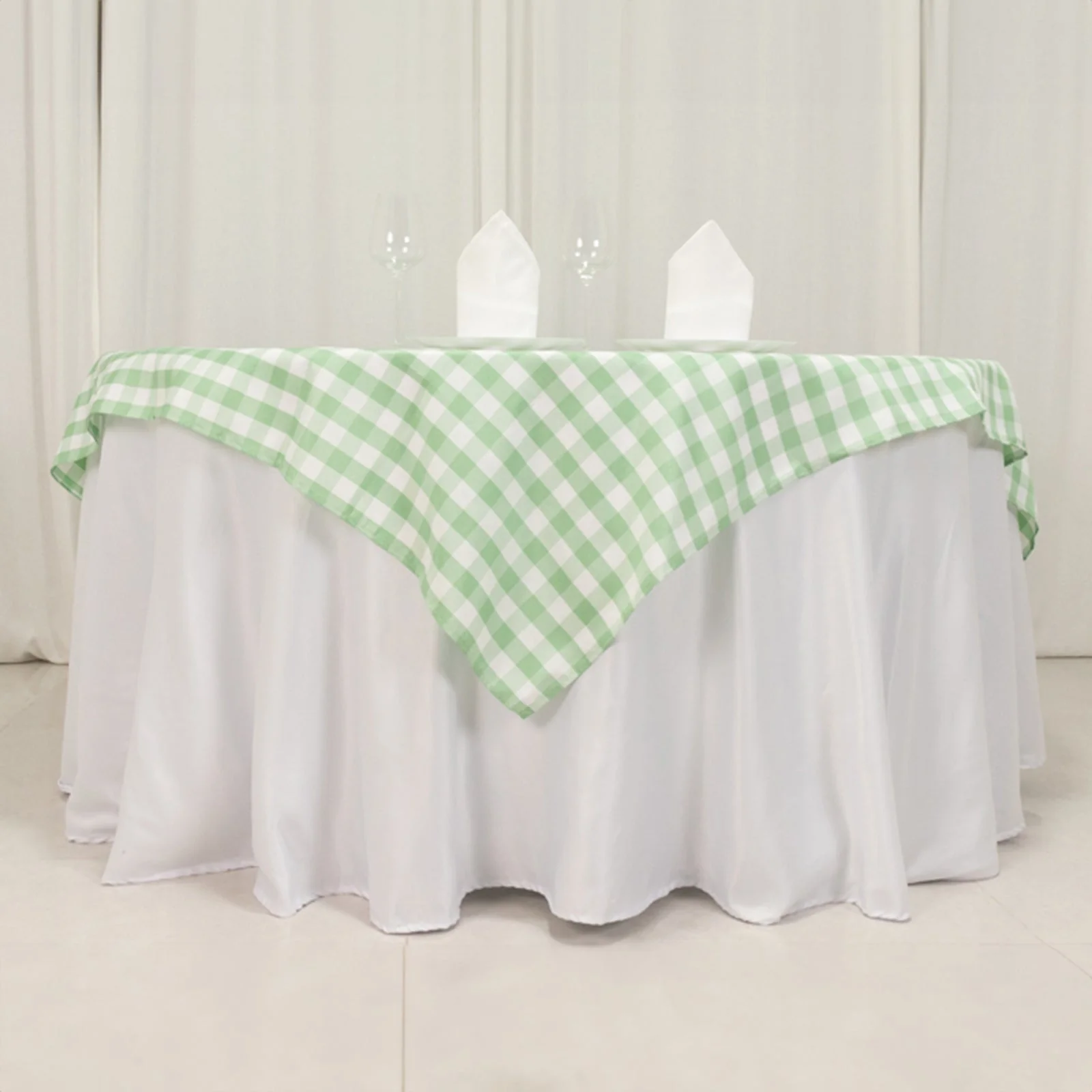 Polyester Square Table Overlay 70"x70" White/Sage Green Checkered Buffalo Plaid Tablecloth Topper - Image 2