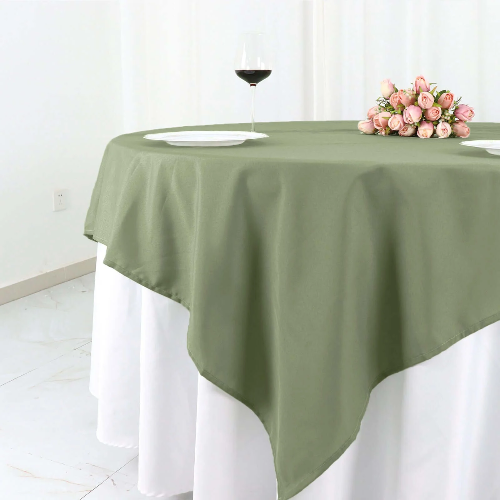 Polyester Square Table Overlay 90"x90" Dusty Sage Green - Wrinkle-Resistant & Durable Table Topper - Image 2