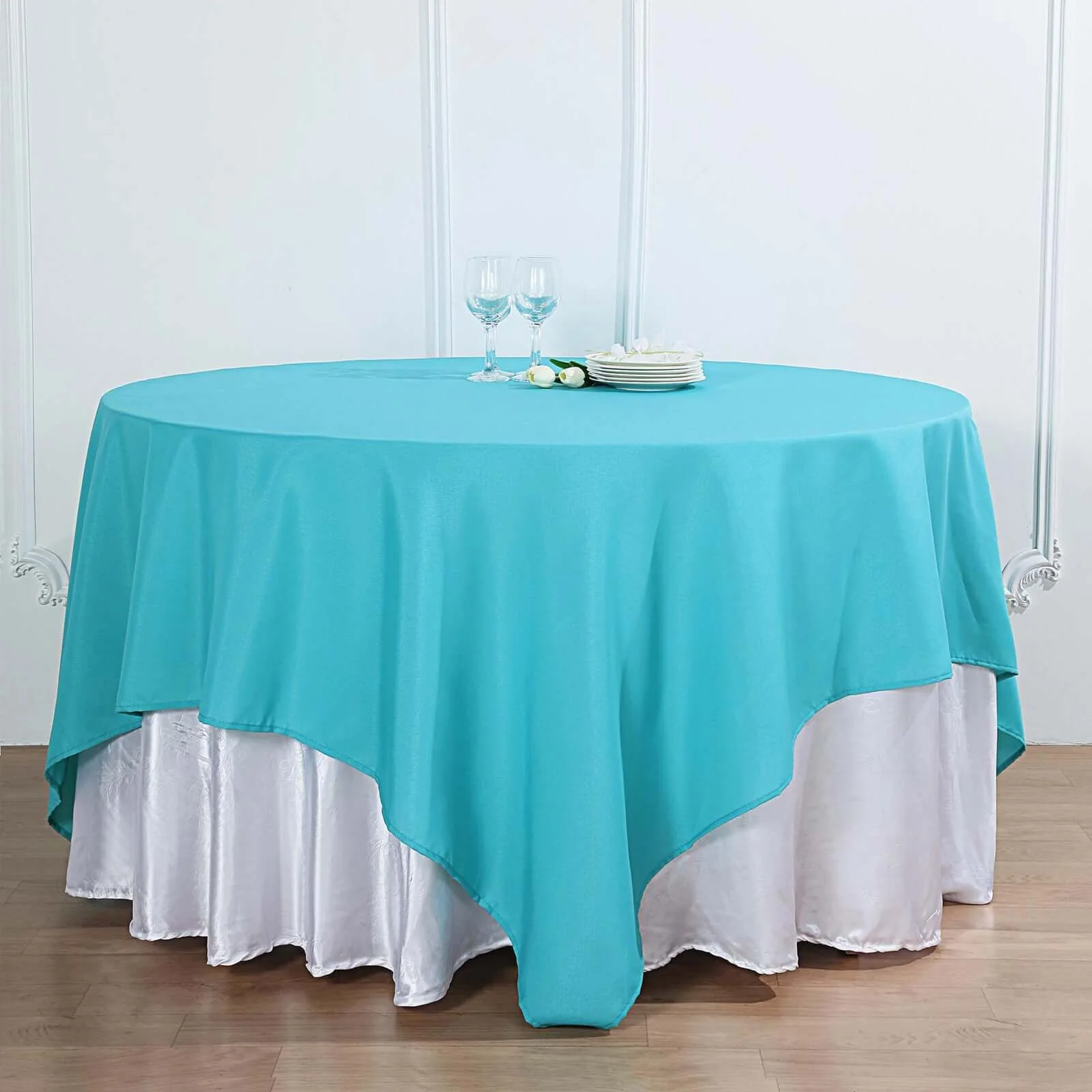 Polyester Square Table Overlay 90"x90" Turquoise - Wrinkle-Resistant & Durable Table Topper - Image 2