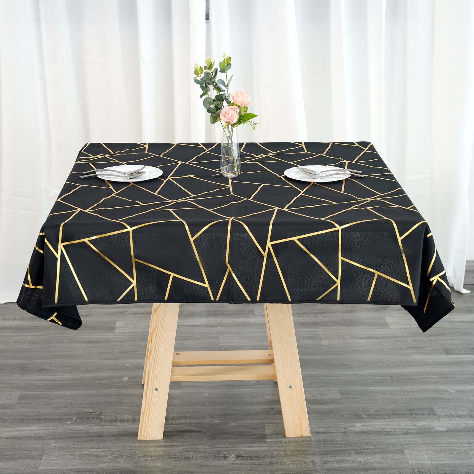 Polyester Square Tablecloth 54"x54" Black with Gold Foil Geometric Pattern - Wrinkle-Resistant and Durable Table Cover for Classy Weddings & Events