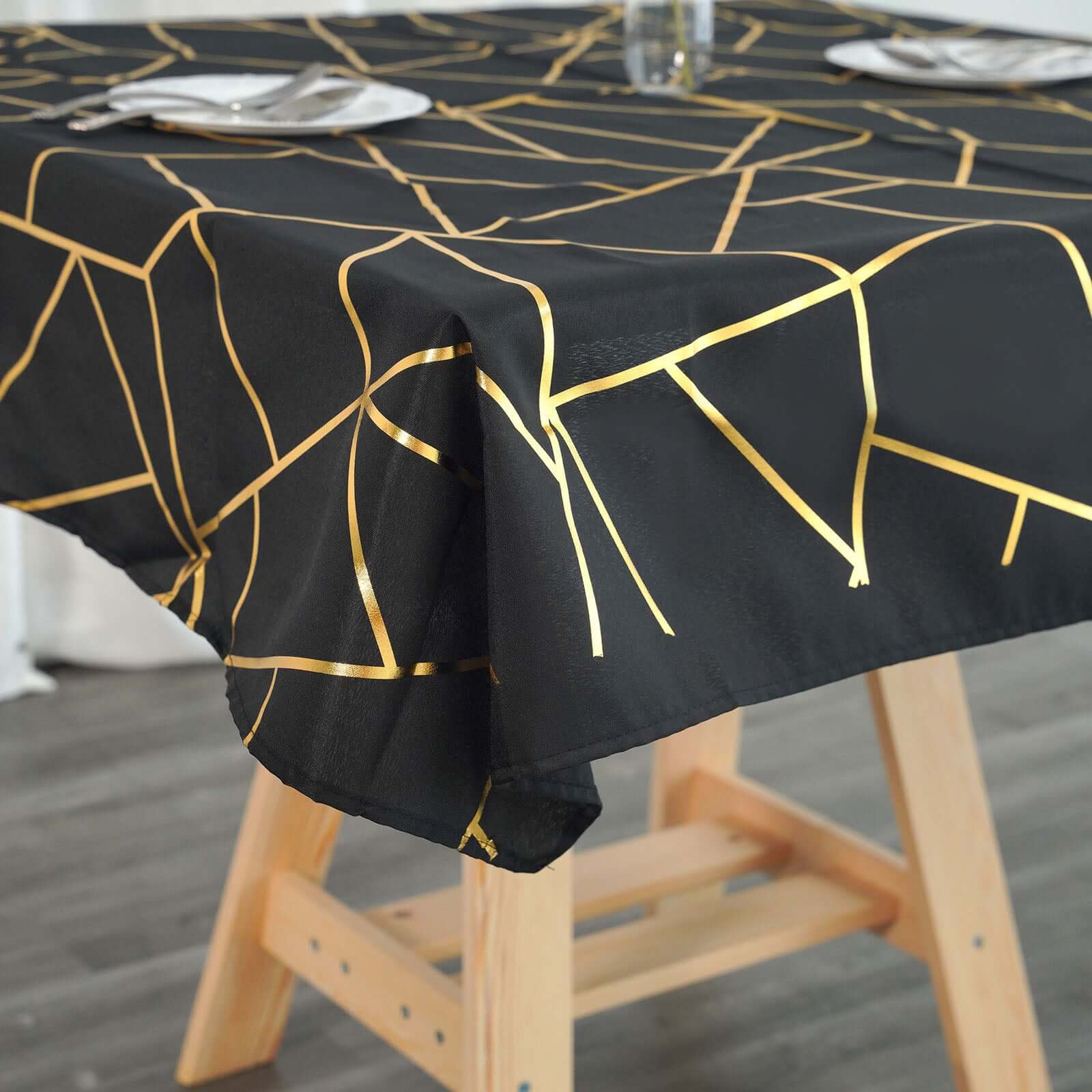 Polyester Square Tablecloth 54"x54" Black with Gold Foil Geometric Pattern - Wrinkle-Resistant and Durable Table Cover for Classy Weddings & Events - Image 3