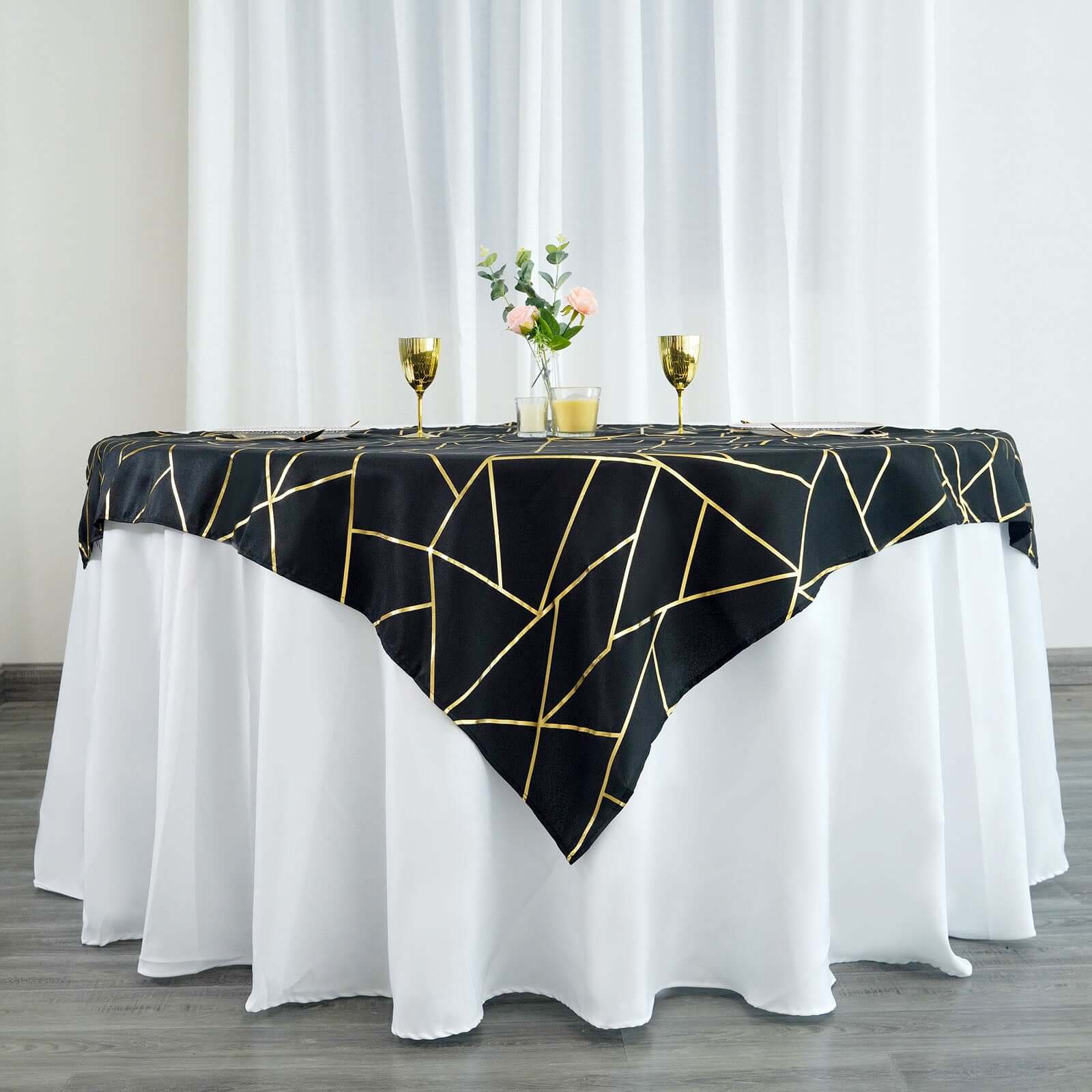 Polyester Square Tablecloth 54"x54" Black with Gold Foil Geometric Pattern - Wrinkle-Resistant and Durable Table Cover for Classy Weddings & Events - Image 7
