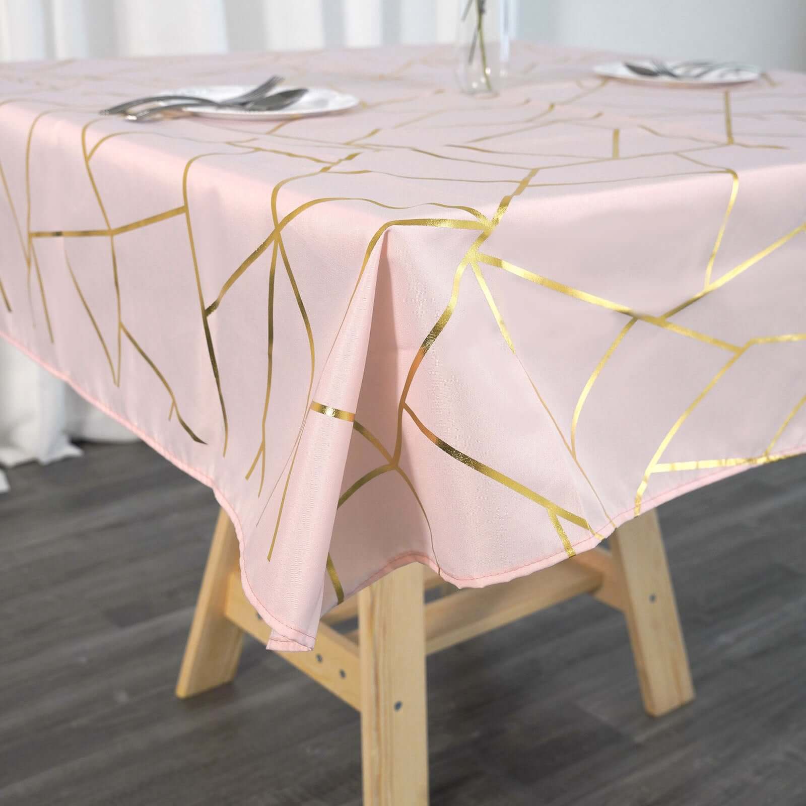 Polyester Square Tablecloth 54"x54" Blush with Gold Foil Geometric Pattern - Wrinkle-Resistant & Durable Table Cover - Image 3