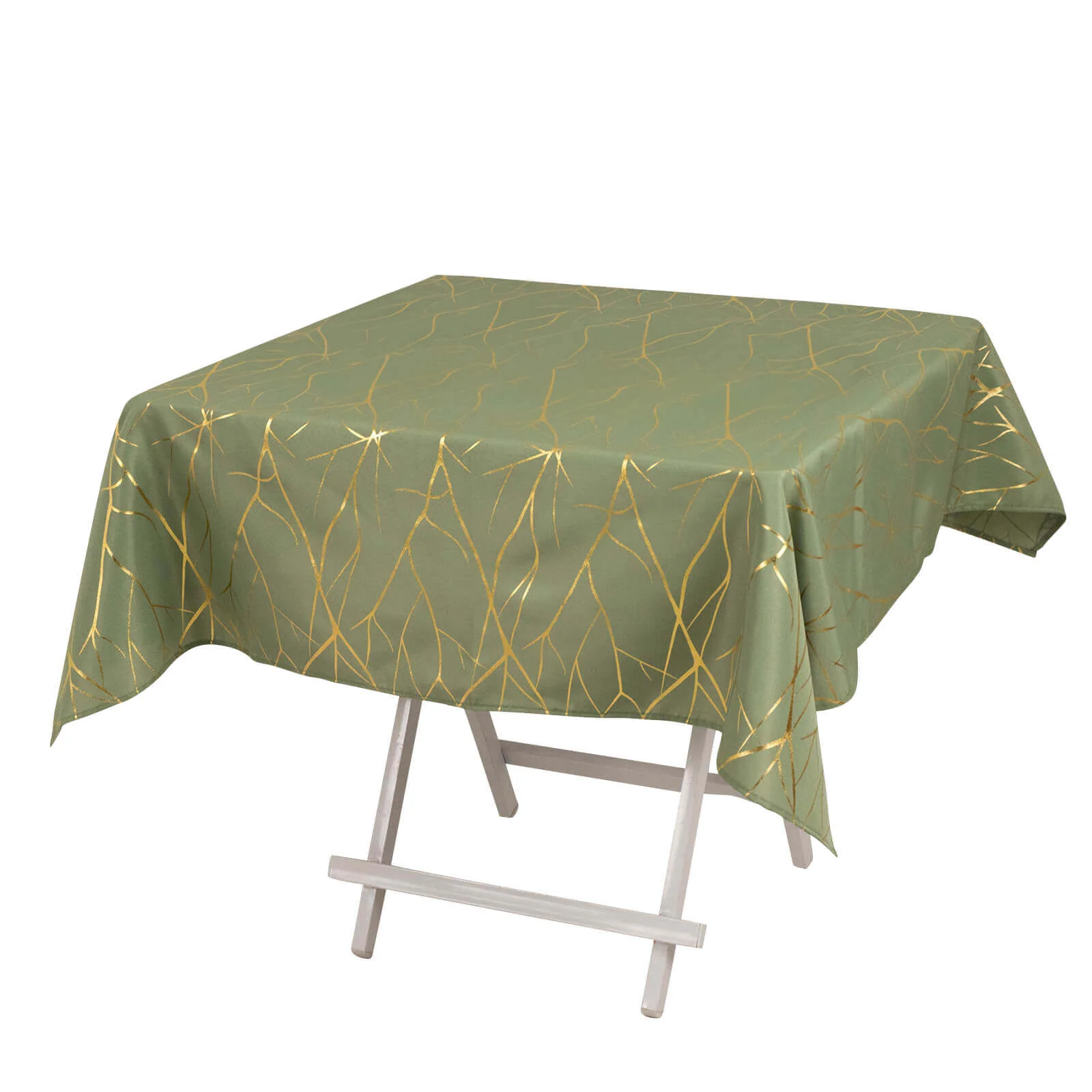 Polyester Square Tablecloth 54"x54" Dusty Sage Green with Gold Foil Tree Branch Pattern - Wrinkle-Resistant & Durable - Image 3