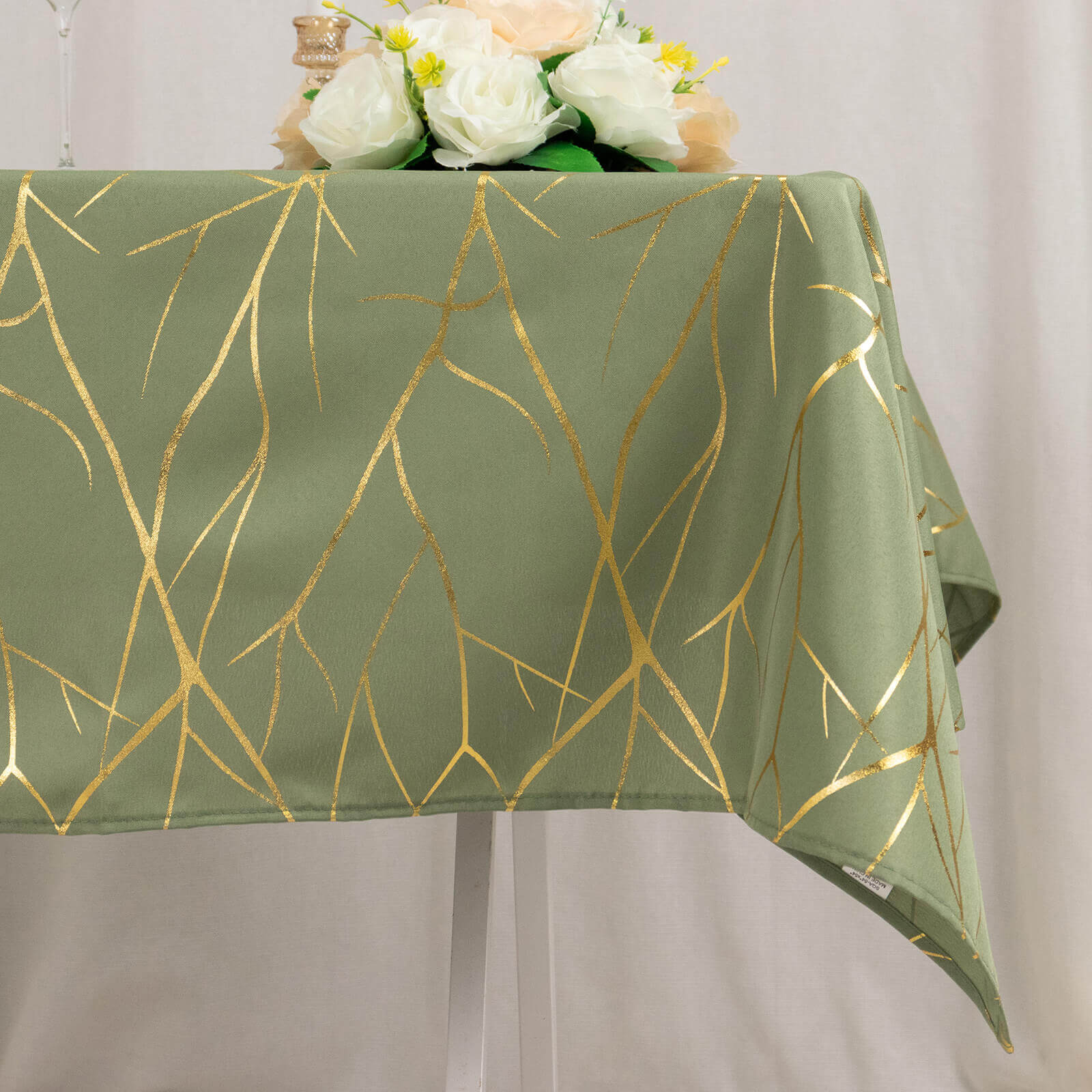 Polyester Square Tablecloth 54"x54" Dusty Sage Green with Gold Foil Tree Branch Pattern - Wrinkle-Resistant & Durable - Image 9