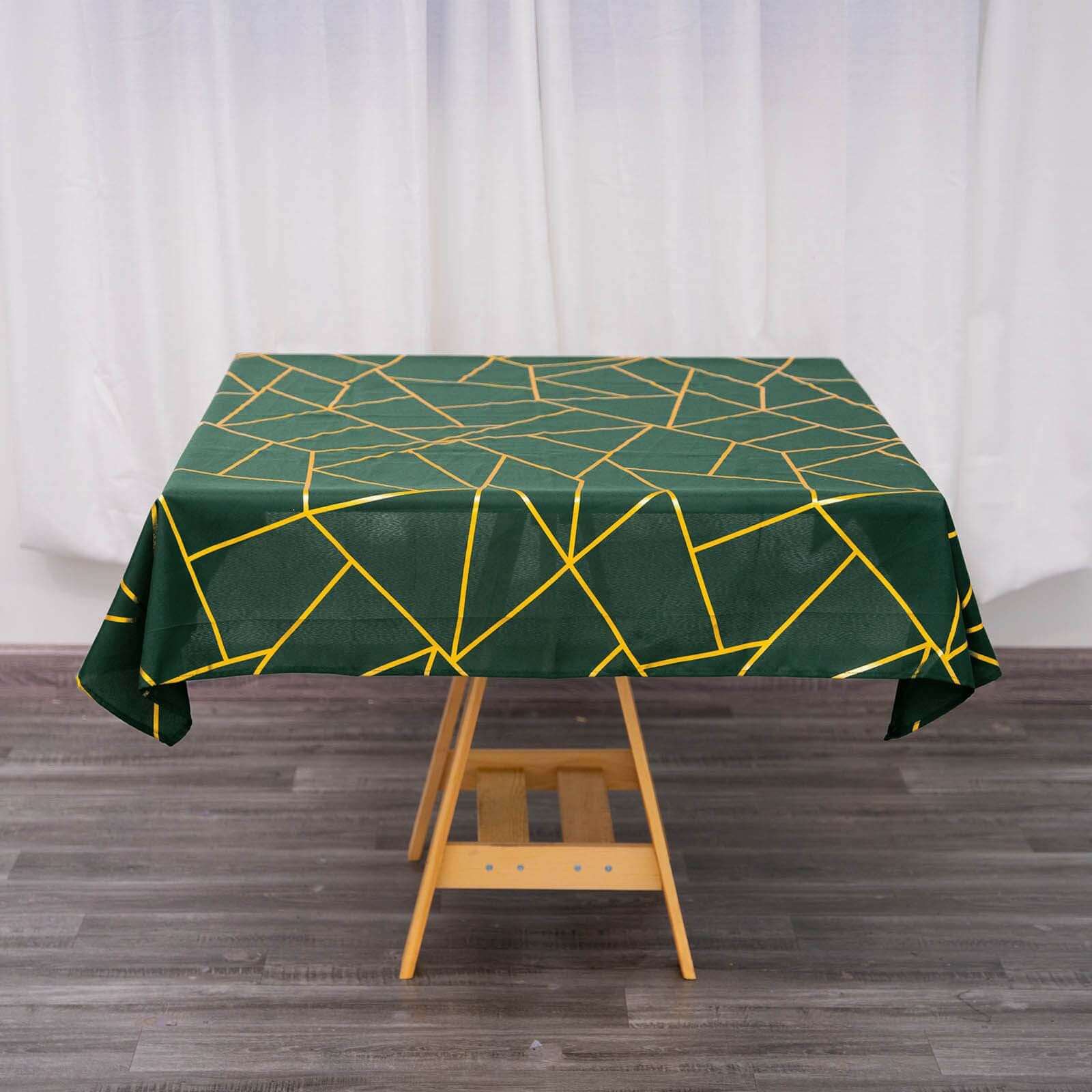 Polyester Square Tablecloth 54"x54" Hunter Emerald Green with Gold Foil Geometric Pattern - Wrinkle-Resistant & Durable Table Cover