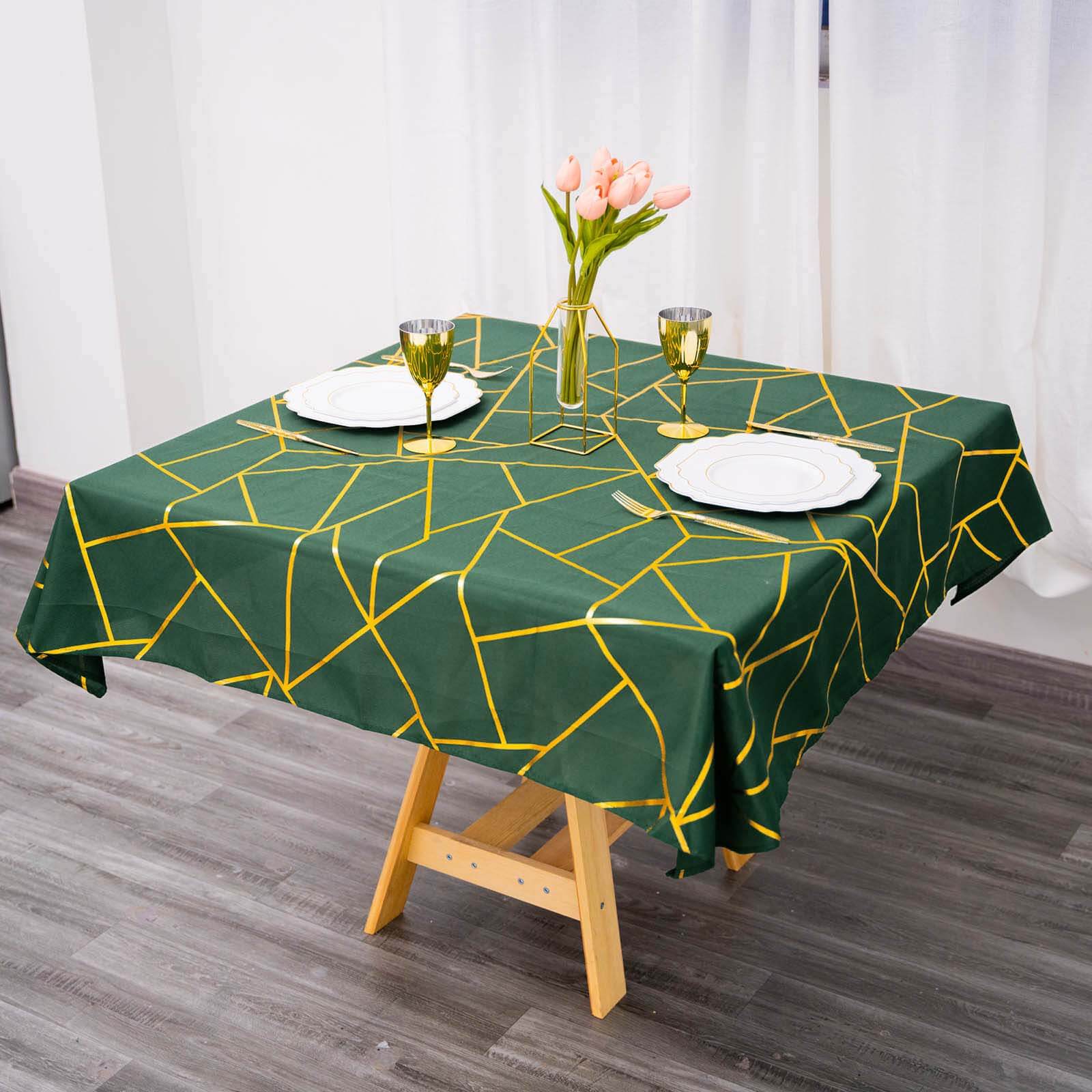 Polyester Square Tablecloth 54"x54" Hunter Emerald Green with Gold Foil Geometric Pattern - Wrinkle-Resistant & Durable Table Cover - Image 5