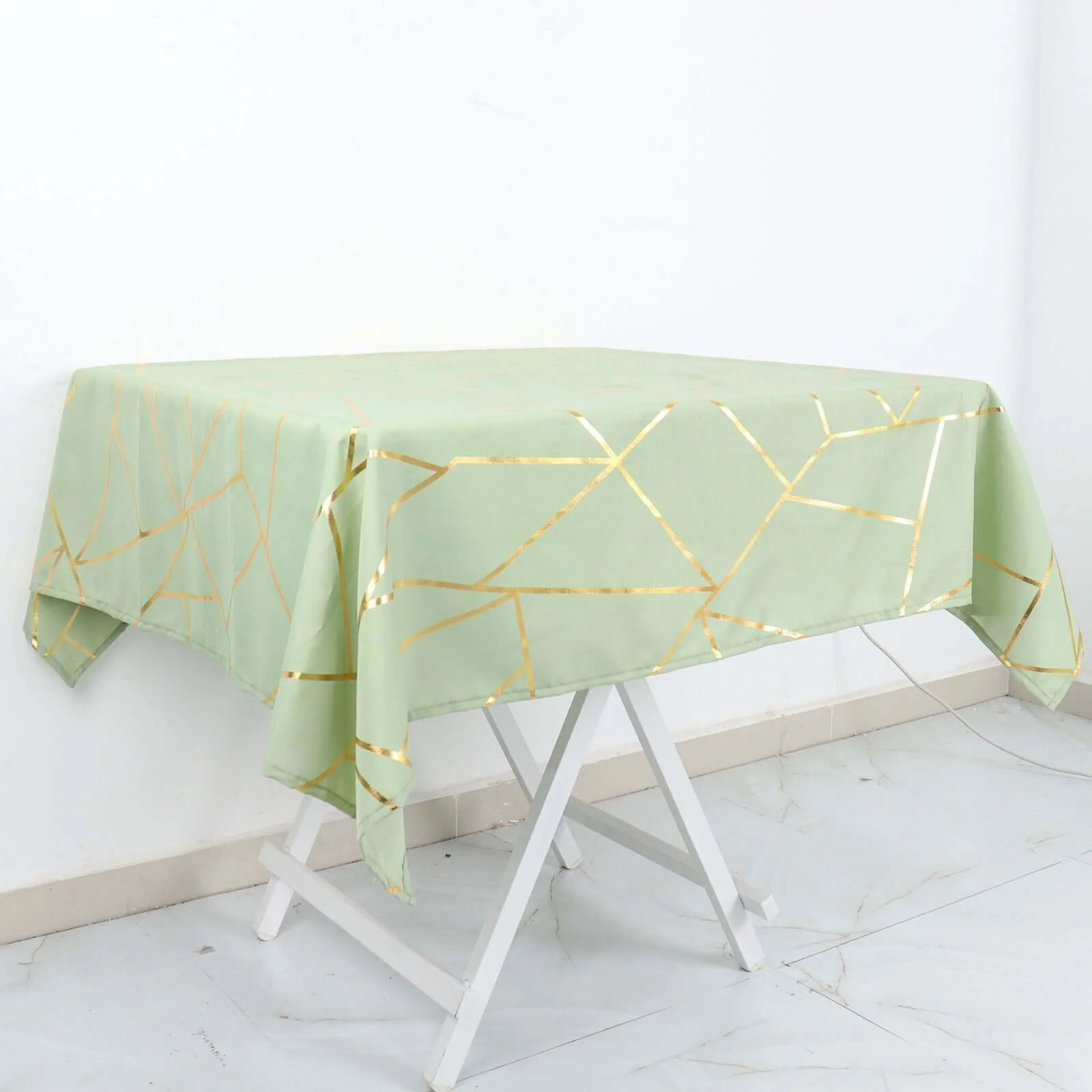 Polyester Square Tablecloth 54"x54" Sage Green with Gold Foil Geometric Pattern - Wrinkle-Resistant & Durable Table Cover
