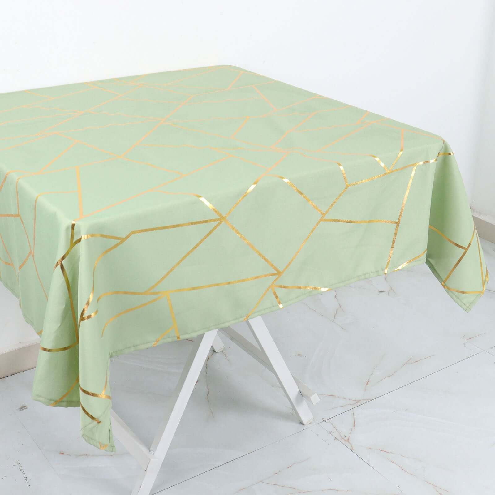 Polyester Square Tablecloth 54"x54" Sage Green with Gold Foil Geometric Pattern - Wrinkle-Resistant & Durable Table Cover - Image 2
