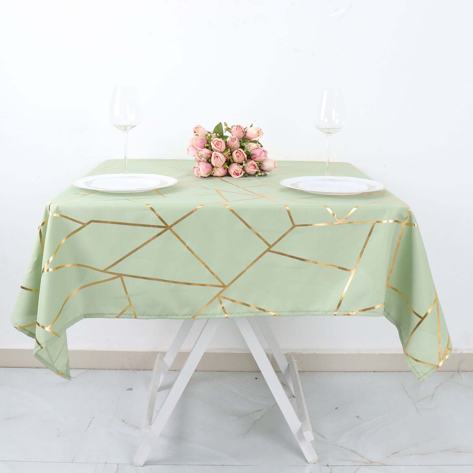 Polyester Square Tablecloth 54"x54" Sage Green with Gold Foil Geometric Pattern - Wrinkle-Resistant & Durable Table Cover - Image 3