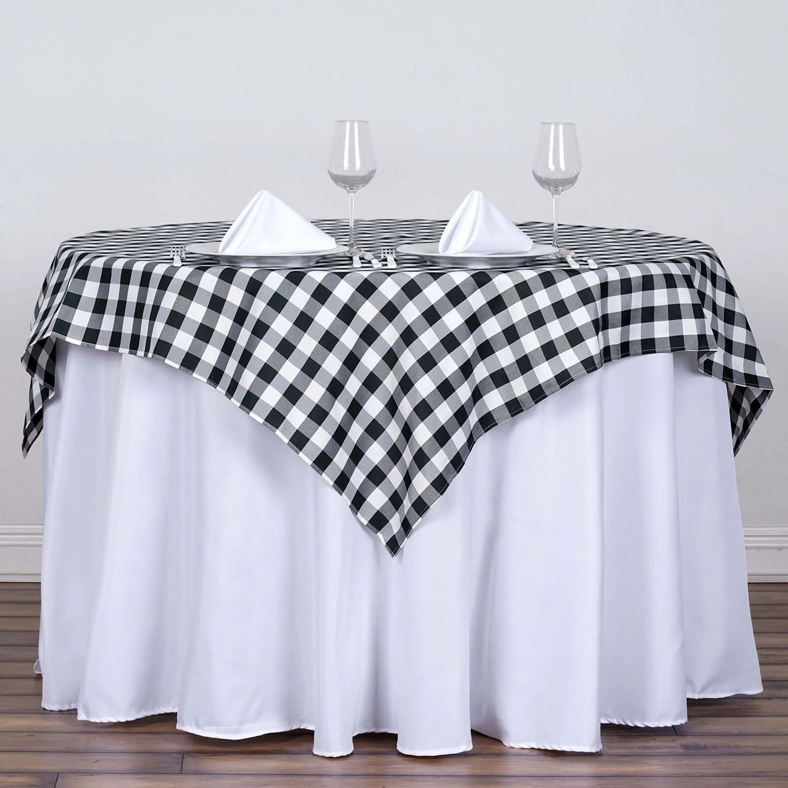 Polyester Square Tablecloth 54"x54" White/Black Checkered Buffalo Plaid Table Cover - Image 2