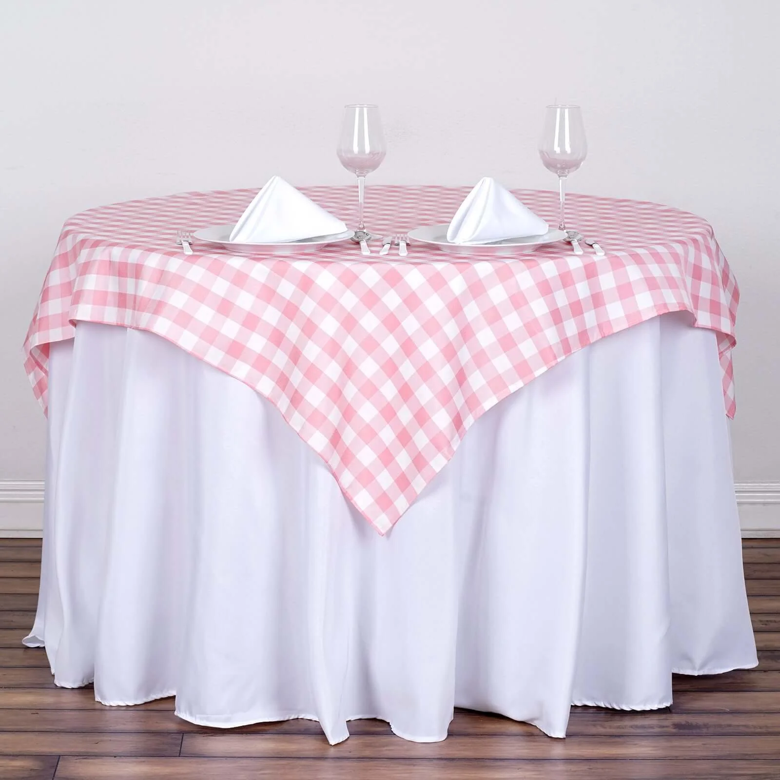 Polyester Square Tablecloth 54"x54" White/Rose Quartz Checkered Buffalo Plaid Table Cover - Image 3