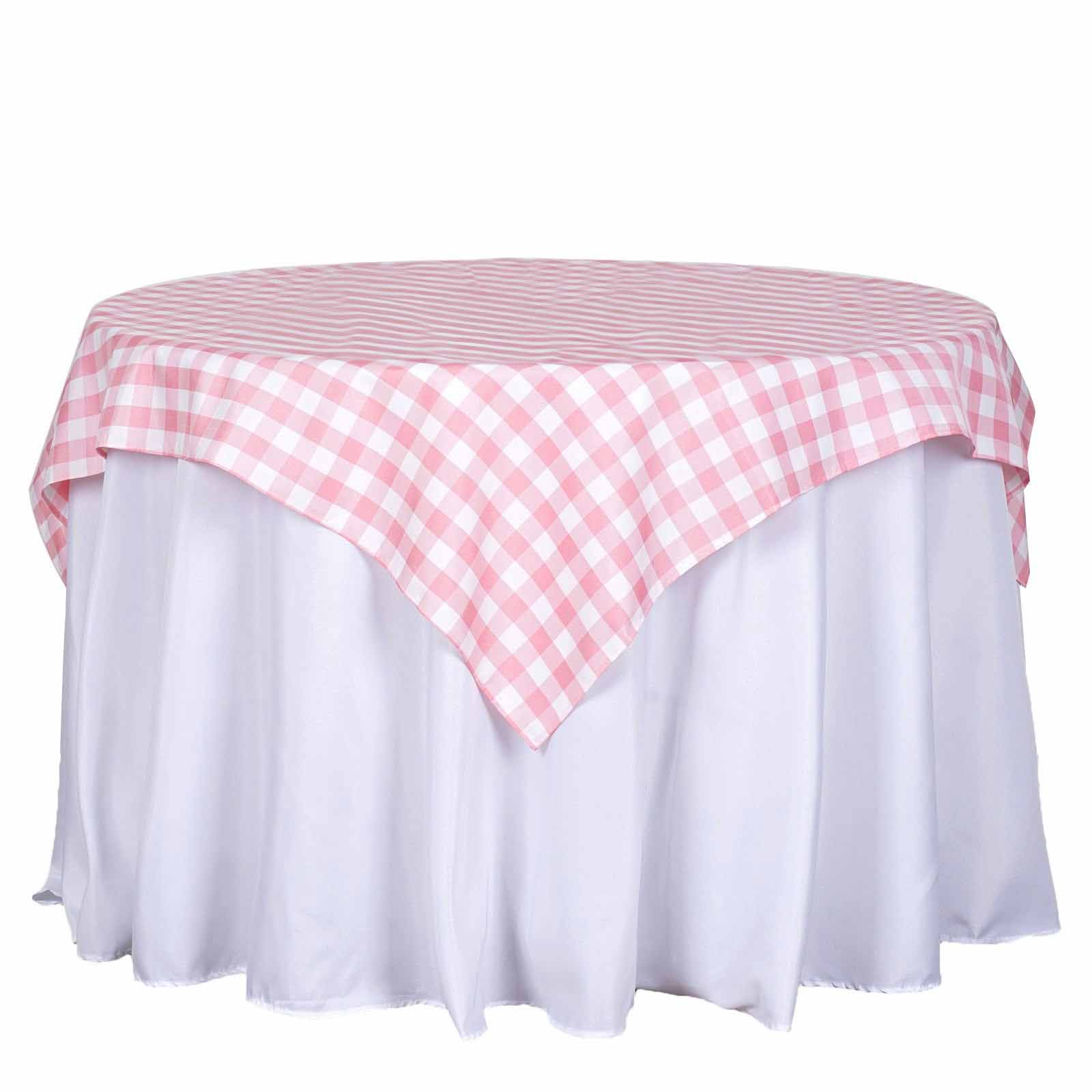 Polyester Square Tablecloth 54"x54" White/Rose Quartz Checkered Buffalo Plaid Table Cover - Image 6