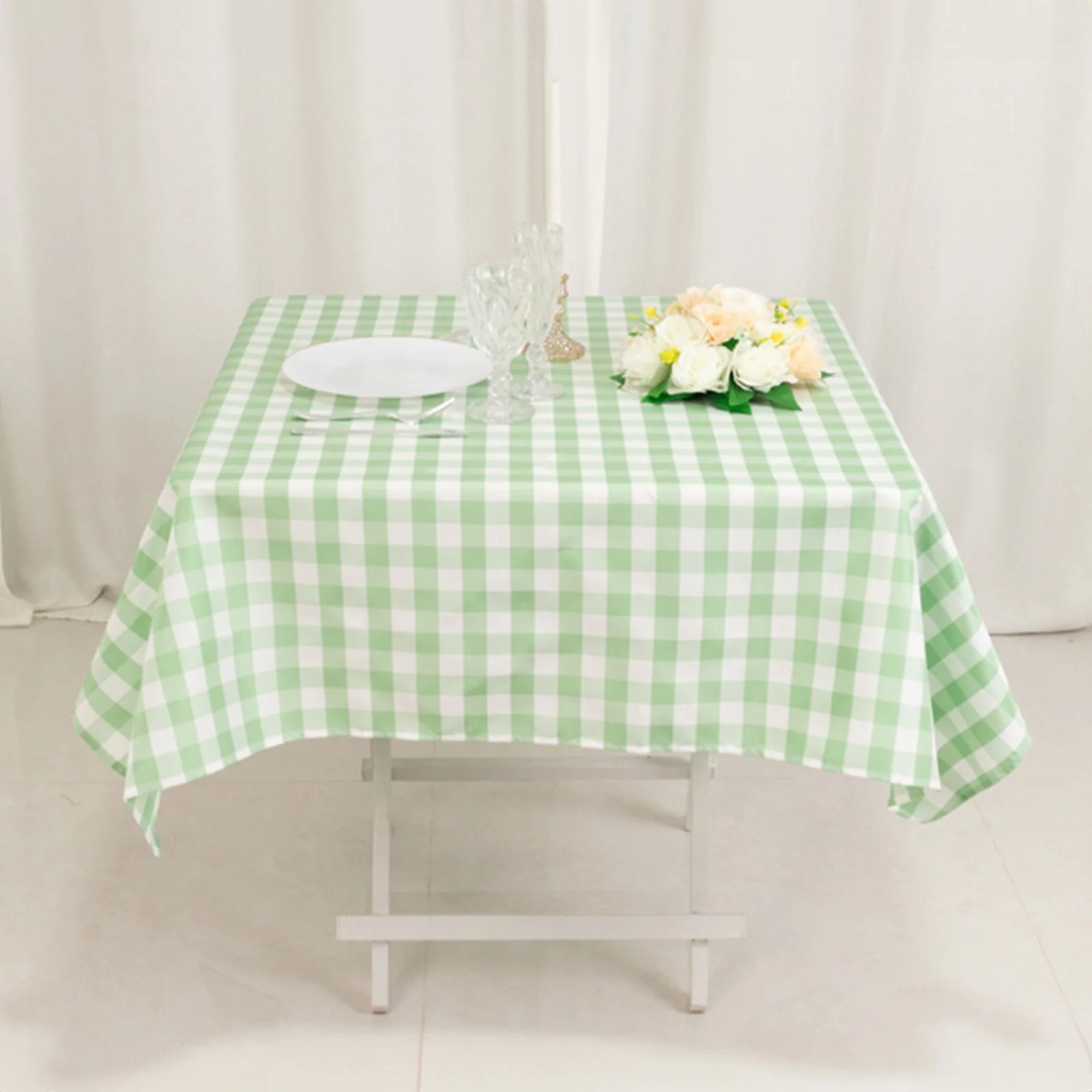 Polyester Square Tablecloth 54"x54" White/Sage Green Checkered Buffalo Plaid Table Cover - Image 2
