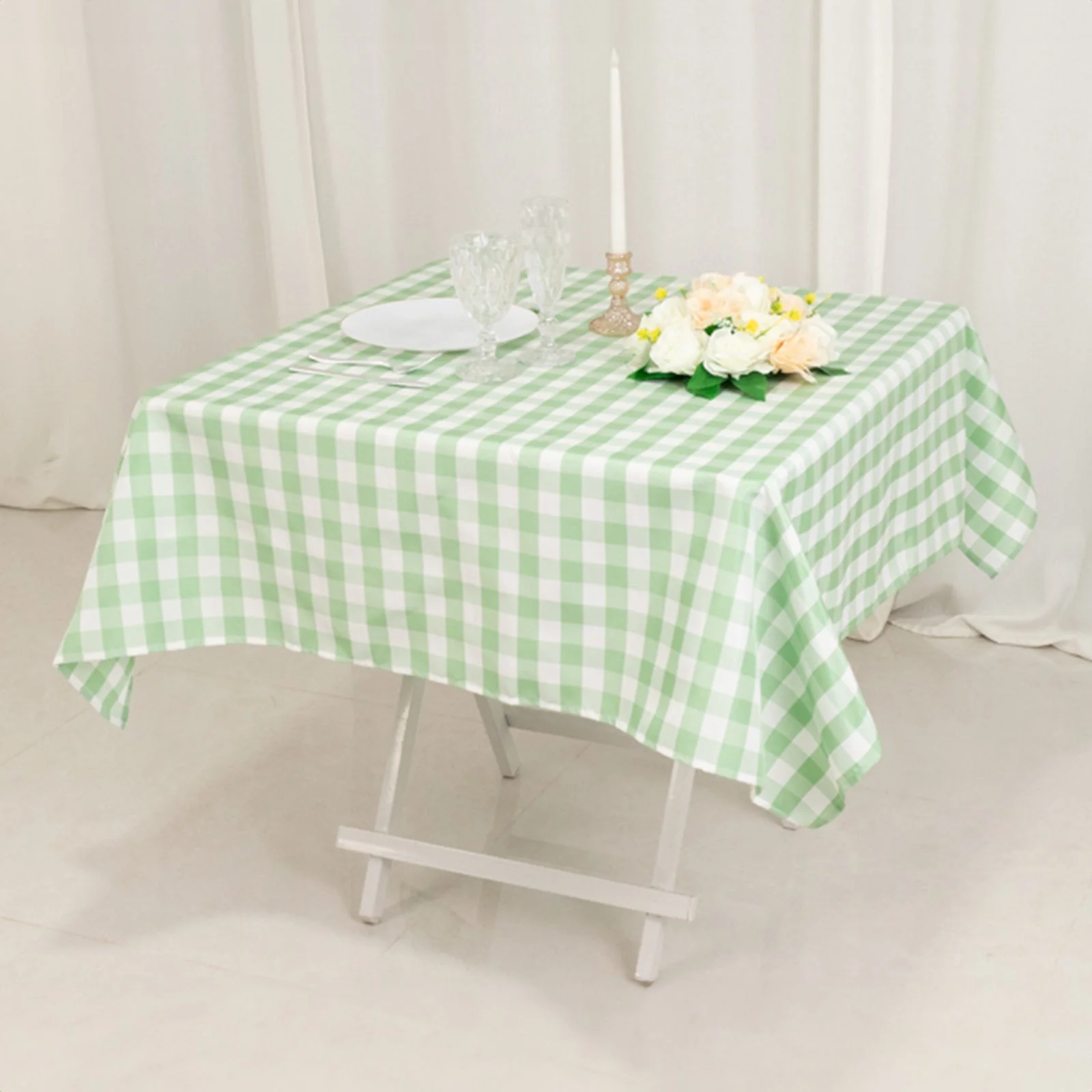 Polyester Square Tablecloth 54"x54" White/Sage Green Checkered Buffalo Plaid Table Cover - Image 6