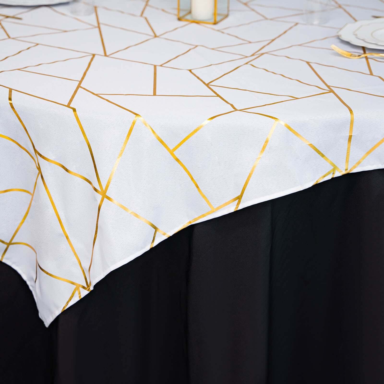Polyester Square Tablecloth 54"x54" White with Gold Foil Geometric Pattern - Wrinkle-Resistant and Durable Table Cover for Classy Weddings & Events - Image 11