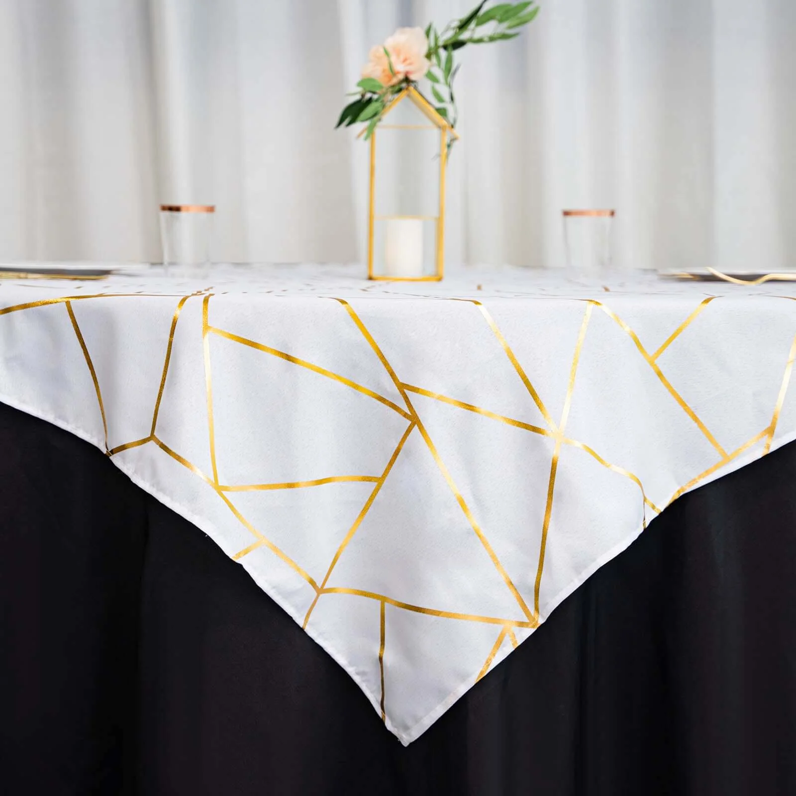 Polyester Square Tablecloth 54"x54" White with Gold Foil Geometric Pattern - Wrinkle-Resistant and Durable Table Cover for Classy Weddings & Events - Image 12