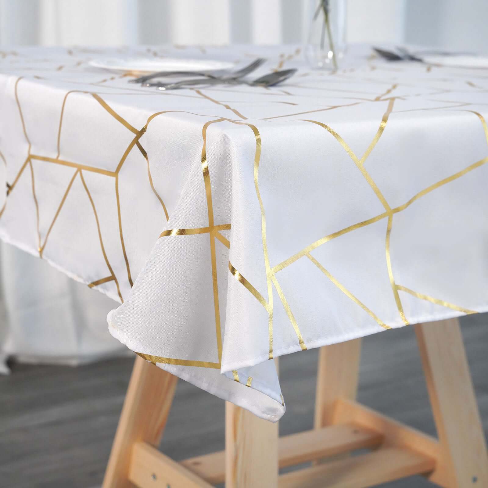 Polyester Square Tablecloth 54"x54" White with Gold Foil Geometric Pattern - Wrinkle-Resistant and Durable Table Cover for Classy Weddings & Events - Image 18