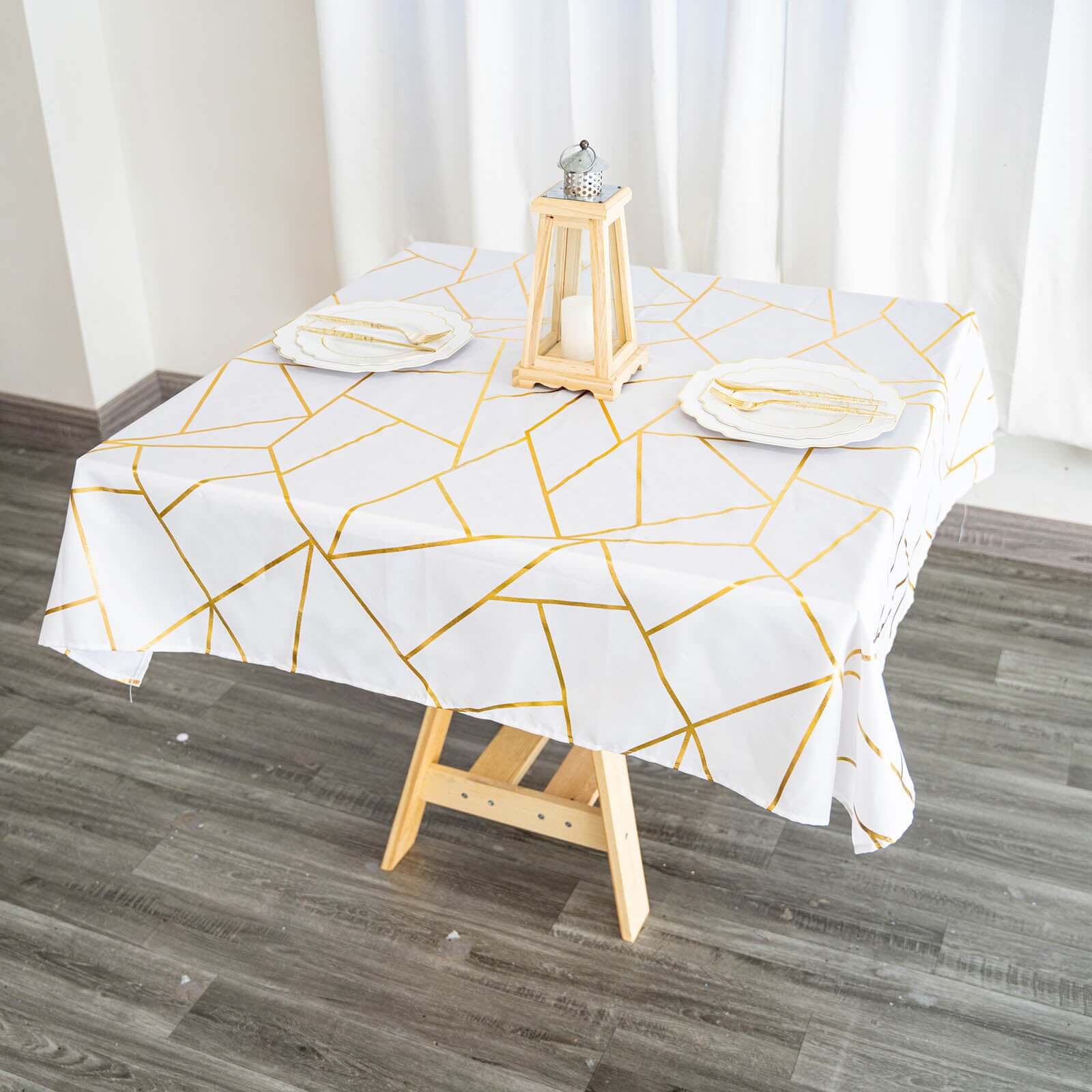 Polyester Square Tablecloth 54"x54" White with Gold Foil Geometric Pattern - Wrinkle-Resistant and Durable Table Cover for Classy Weddings & Events - Image 19