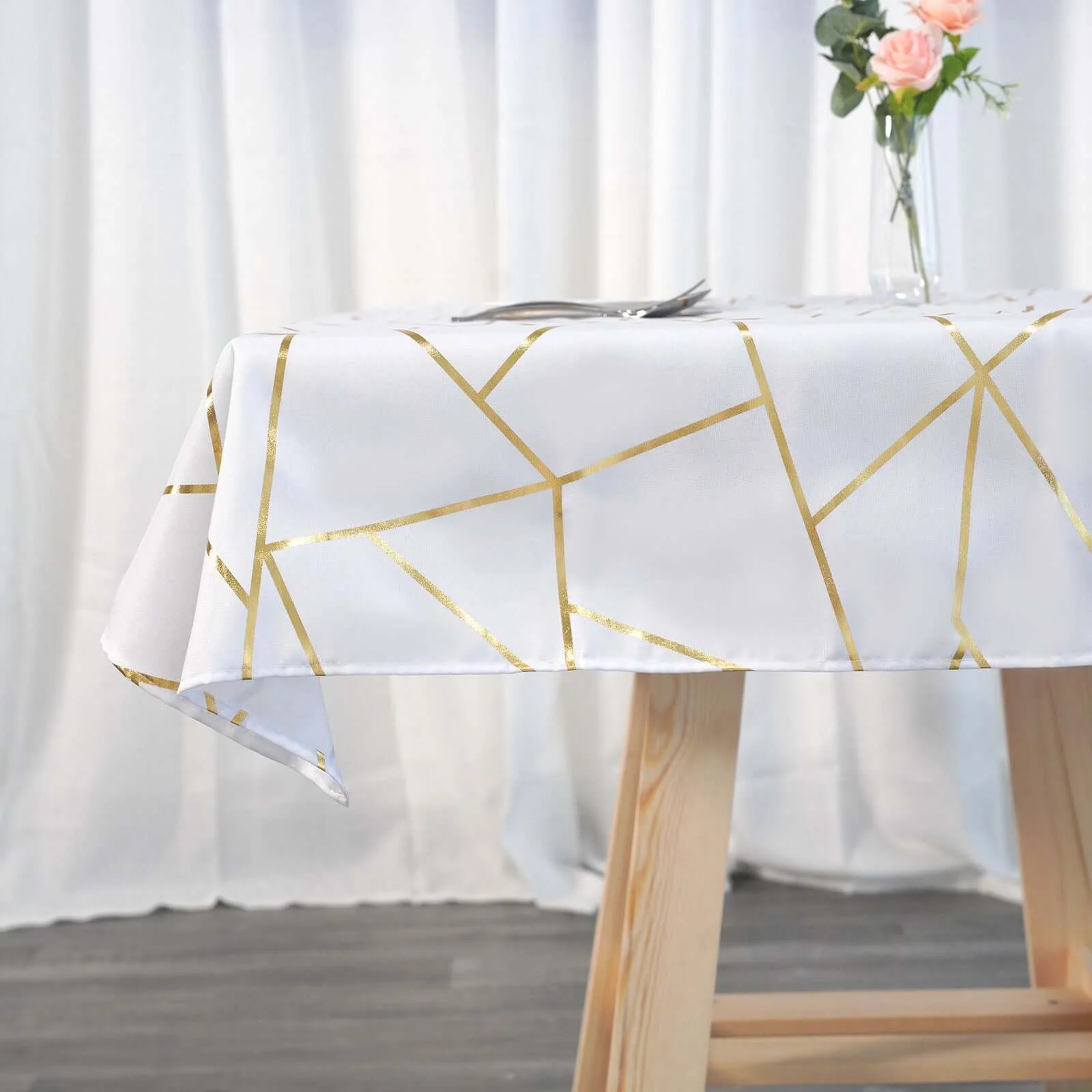 Polyester Square Tablecloth 54"x54" White with Gold Foil Geometric Pattern - Wrinkle-Resistant and Durable Table Cover for Classy Weddings & Events - Image 2