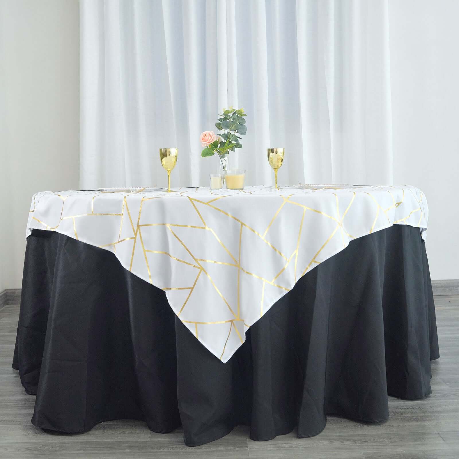 Polyester Square Tablecloth 54"x54" White with Gold Foil Geometric Pattern - Wrinkle-Resistant and Durable Table Cover for Classy Weddings & Events - Image 25