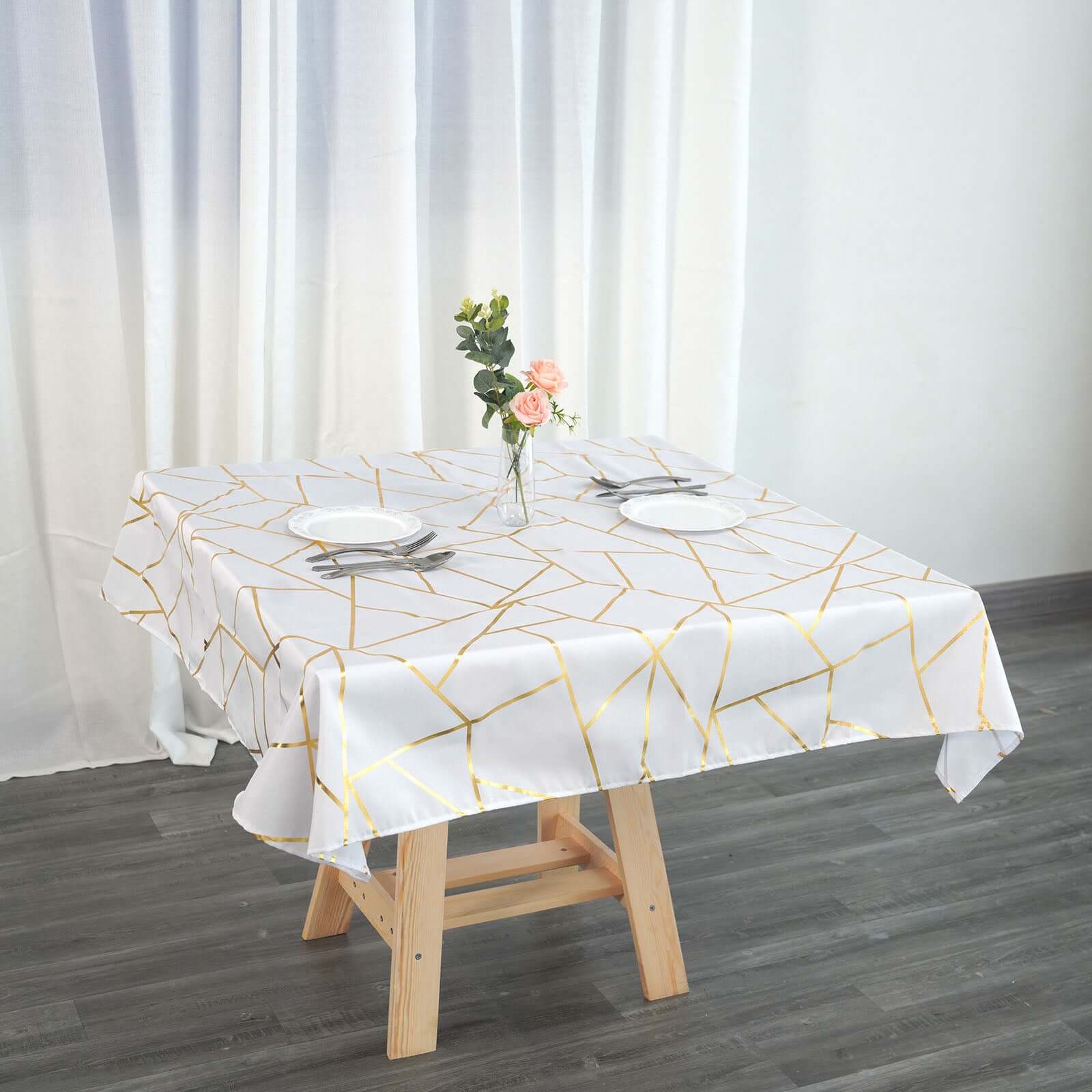 Polyester Square Tablecloth 54"x54" White with Gold Foil Geometric Pattern - Wrinkle-Resistant and Durable Table Cover for Classy Weddings & Events - Image 3