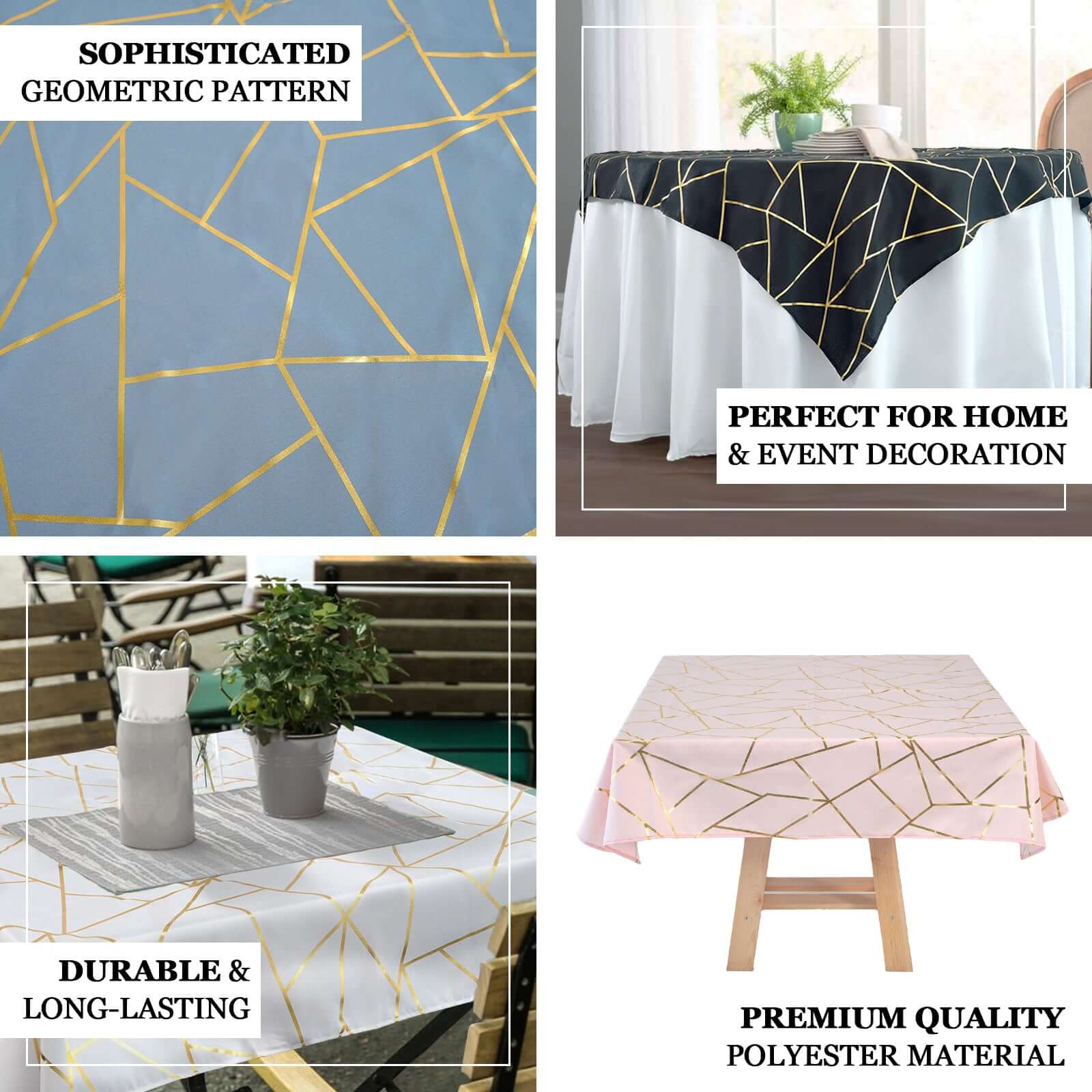 Polyester Square Tablecloth 54"x54" White with Gold Foil Geometric Pattern - Wrinkle-Resistant and Durable Table Cover for Classy Weddings & Events - Image 4
