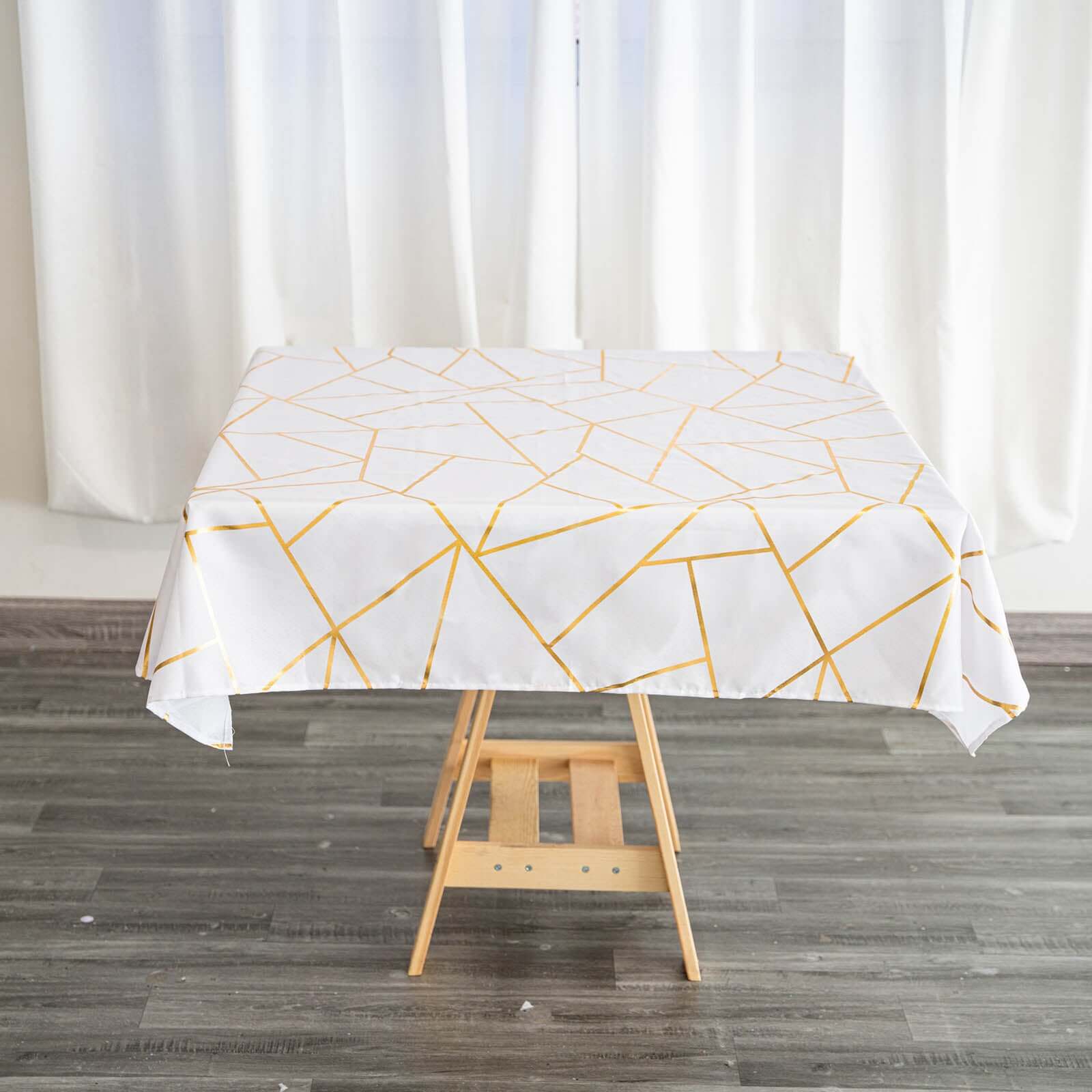 Polyester Square Tablecloth 54"x54" White with Gold Foil Geometric Pattern - Wrinkle-Resistant and Durable Table Cover for Classy Weddings & Events - Image 6
