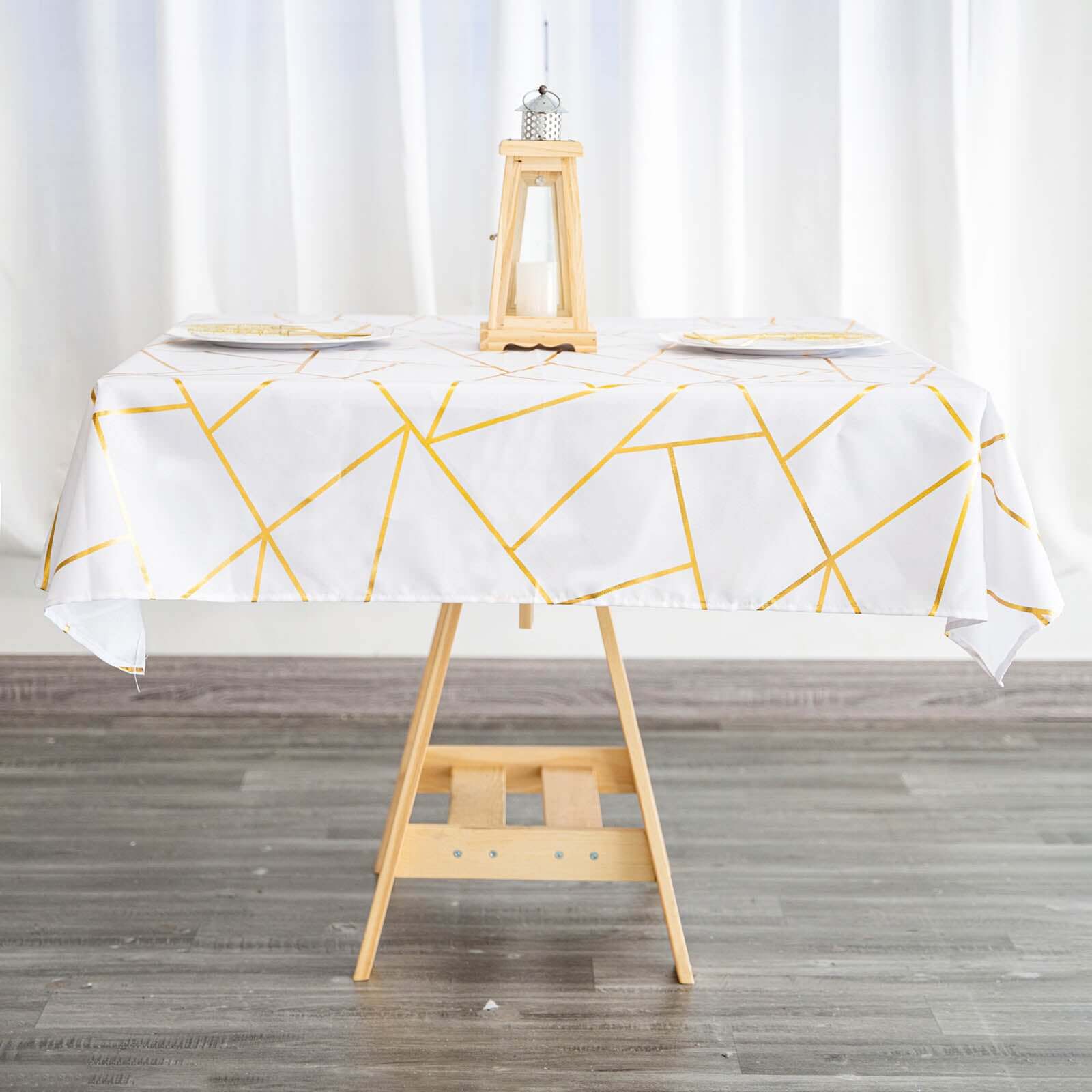 Polyester Square Tablecloth 54"x54" White with Gold Foil Geometric Pattern - Wrinkle-Resistant and Durable Table Cover for Classy Weddings & Events - Image 8