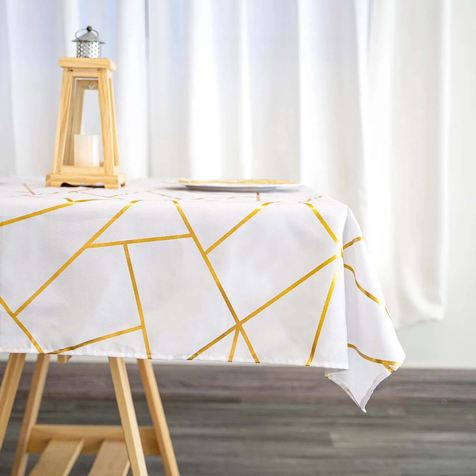 Polyester Square Tablecloth 54"x54" White with Gold Foil Geometric Pattern - Wrinkle-Resistant and Durable Table Cover for Classy Weddings & Events - Image 9
