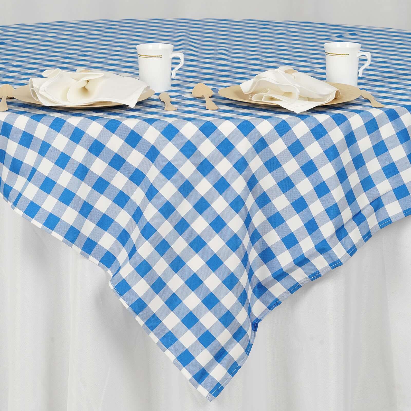 Polyester Square Tablecloth 70"x70" White/Blue Checkered Buffalo Plaid Table Cover - Image 3