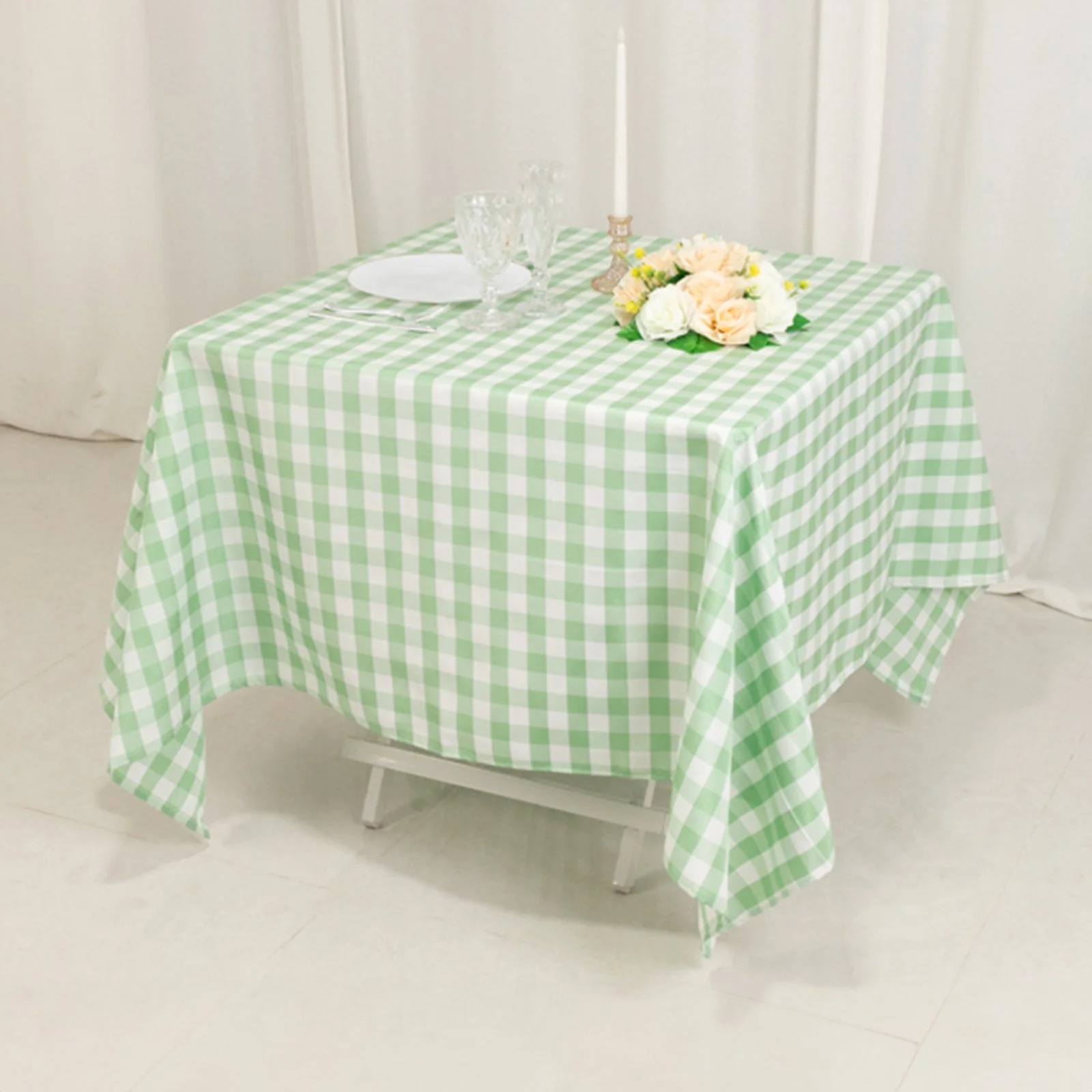 Polyester Square Tablecloth 70"x70" White/Sage Green Checkered Buffalo Plaid Table Cover - Image 6