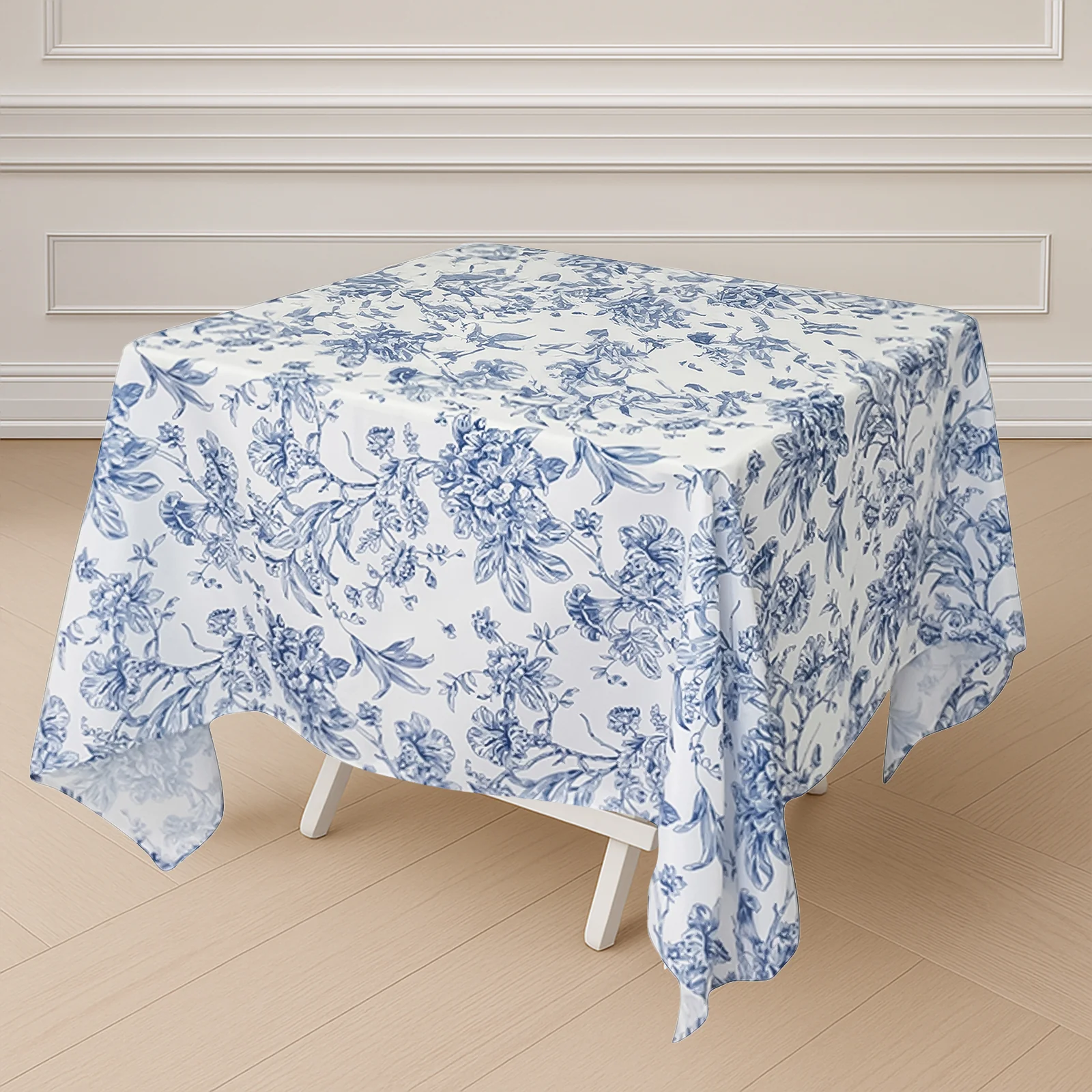Polyester Square Tablecloth  70"x70" White with Blue French Toile Pattern - Sophisticated Table Cover for Chic Weddings & Events