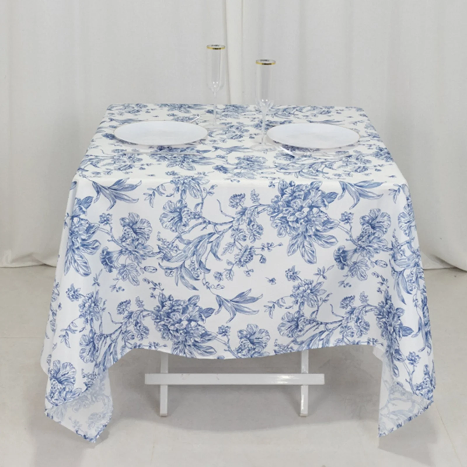 Polyester Square Tablecloth  70"x70" White with Blue French Toile Pattern - Sophisticated Table Cover for Chic Weddings & Events - Image 2