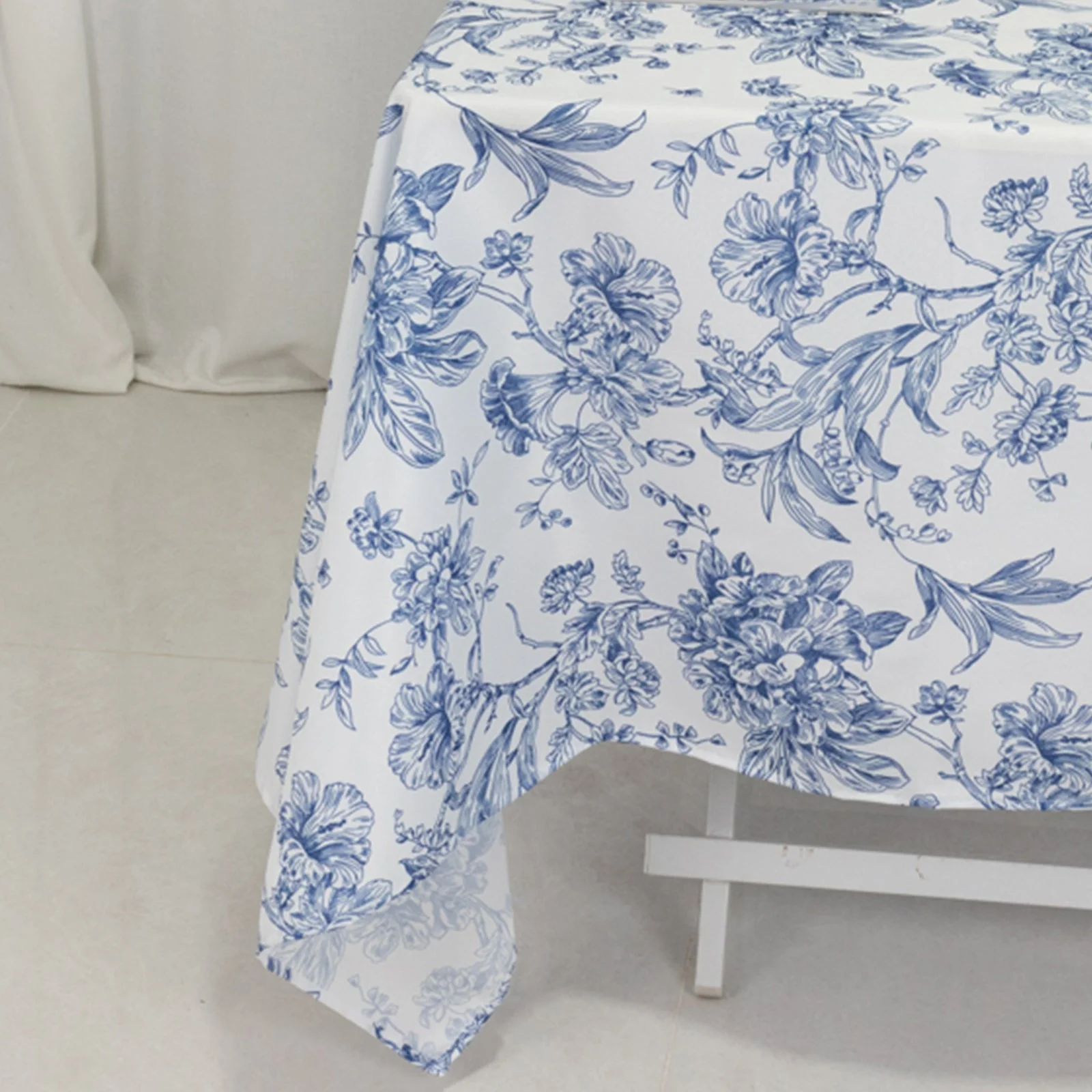Polyester Square Tablecloth  70"x70" White with Blue French Toile Pattern - Sophisticated Table Cover for Chic Weddings & Events - Image 6