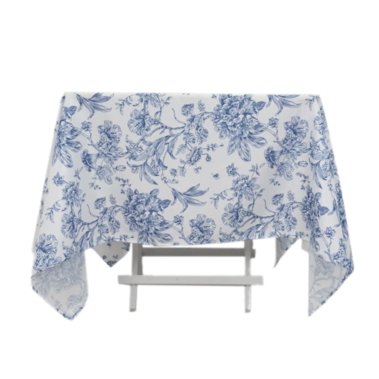 Polyester Square Tablecloth  70"x70" White with Blue French Toile Pattern - Sophisticated Table Cover for Chic Weddings & Events - Image 7