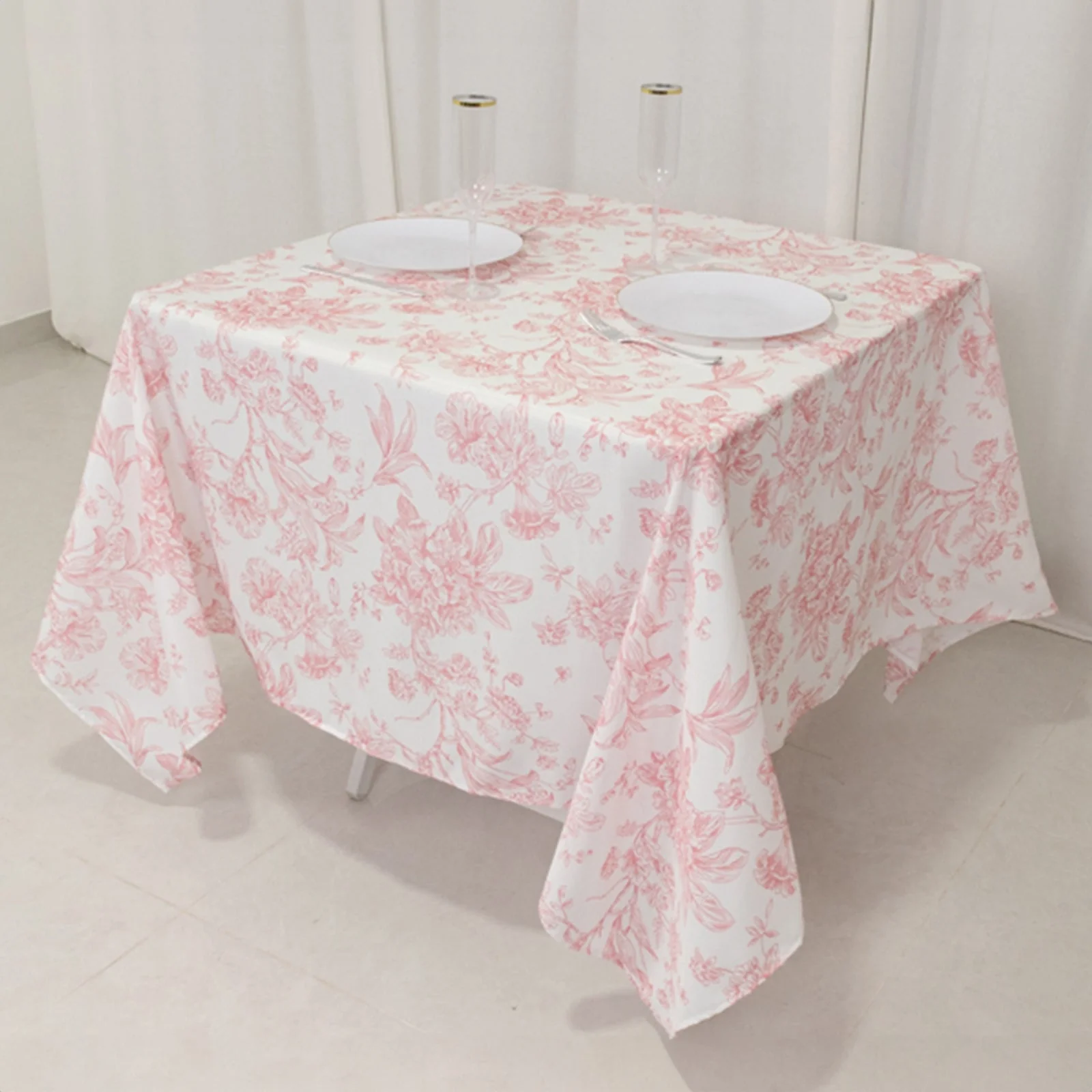 Polyester Square Tablecloth  70"x70" White with Pink French Toile Pattern - Sophisticated Table Cover for Chic Weddings & Events - Image 2