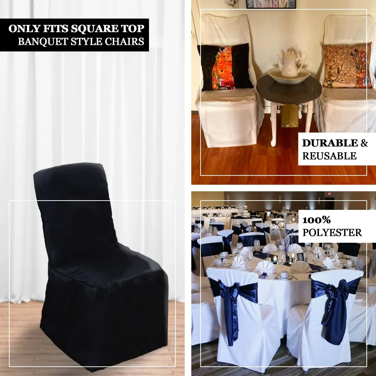 Polyester Square Top Banquet Chair Cover Black - Reusable Slip-On Slipcover - Image 4
