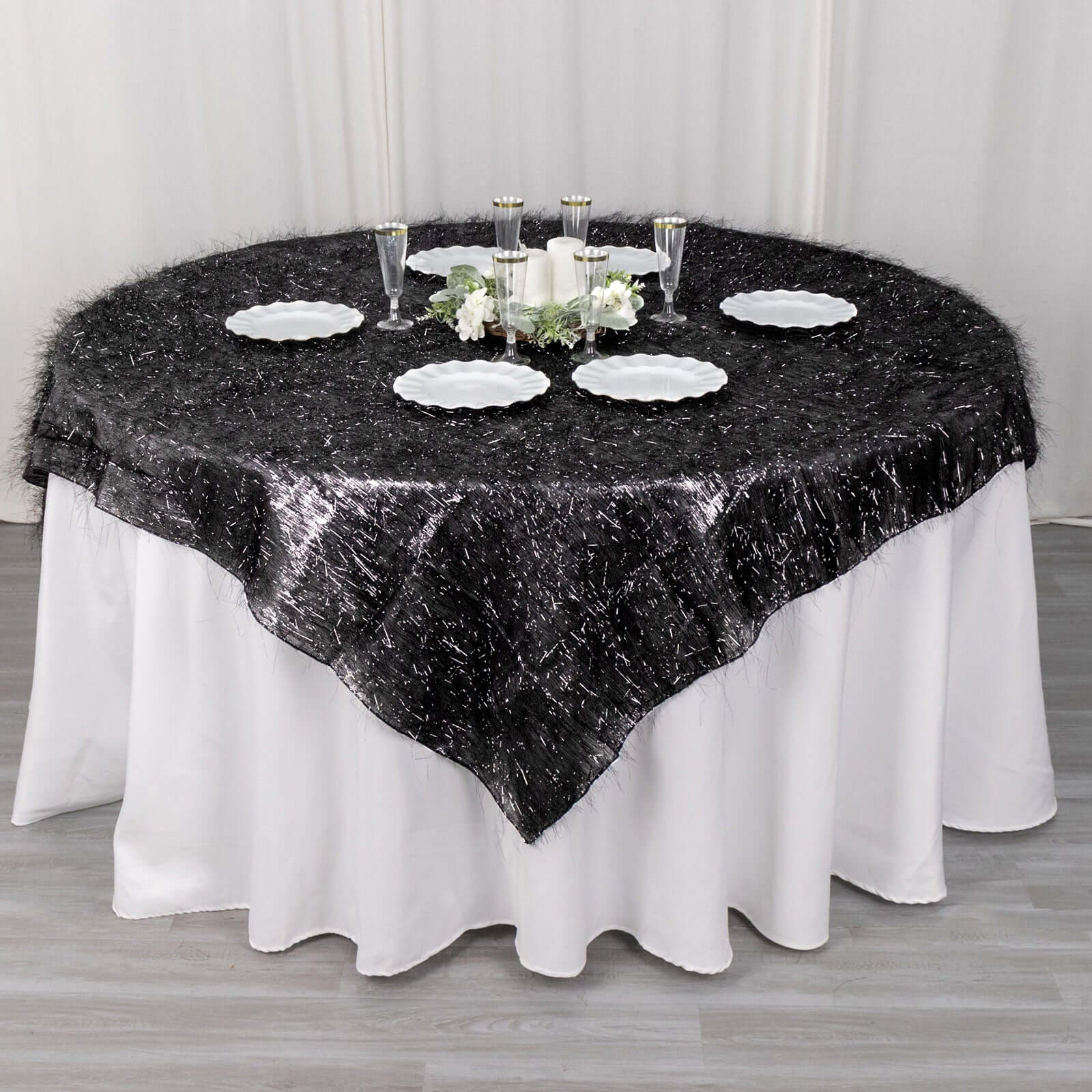 Polyester Table Overlay 72"x72" Black - Metallic Fringe Shag Tinsel Table Topper - Image 2