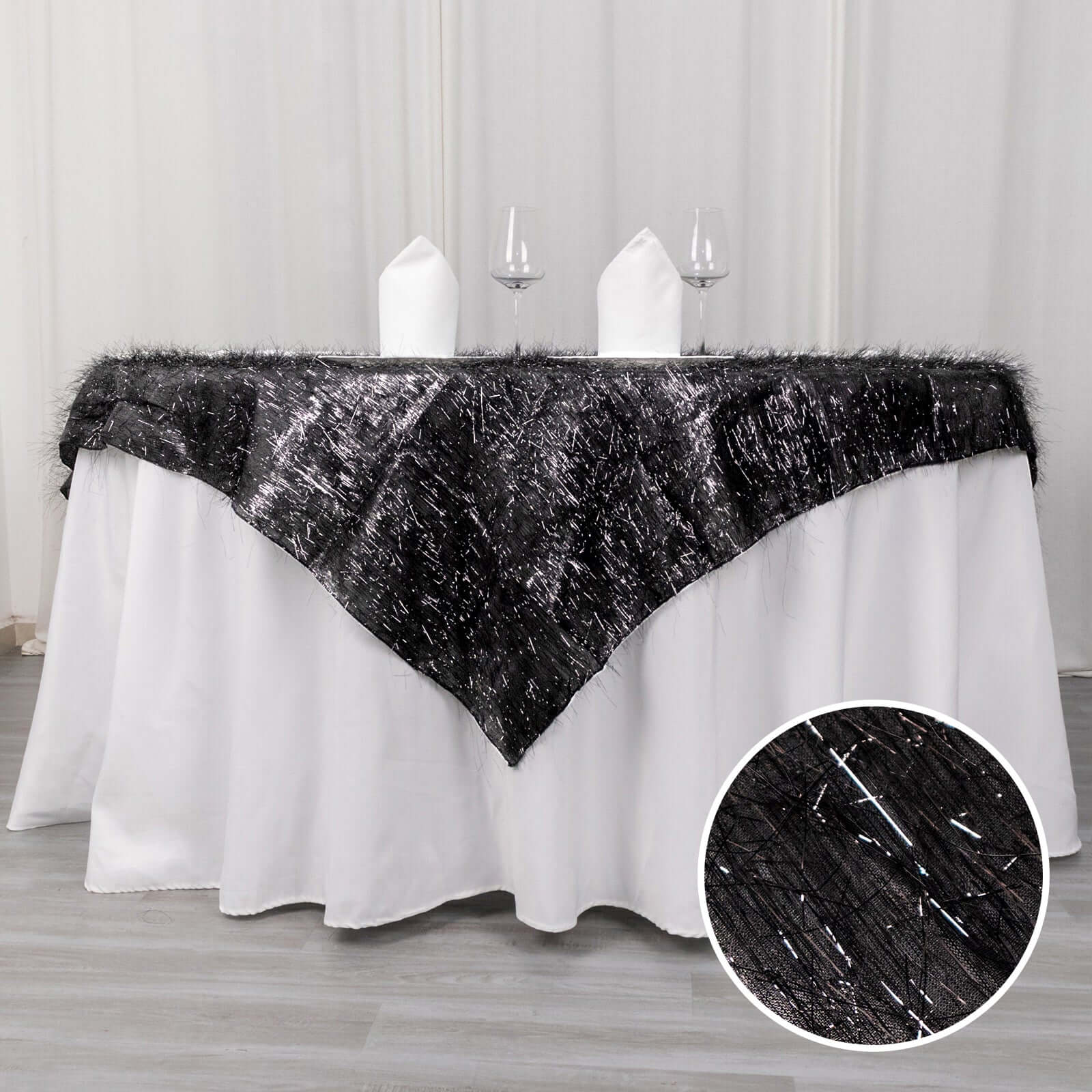 Polyester Table Overlay 72"x72" Black - Metallic Fringe Shag Tinsel Table Topper - Image 3