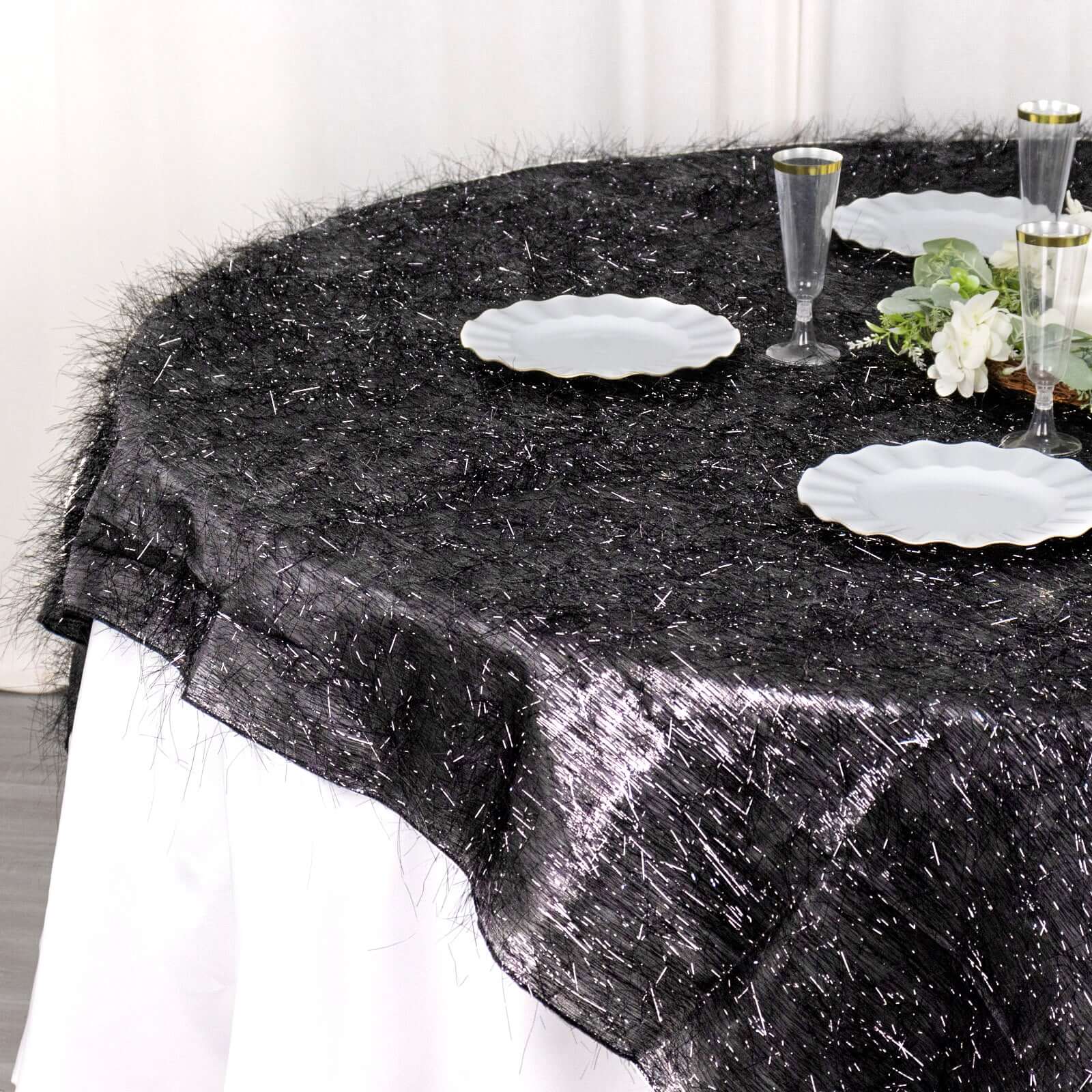 Polyester Table Overlay 72"x72" Black - Metallic Fringe Shag Tinsel Table Topper - Image 4