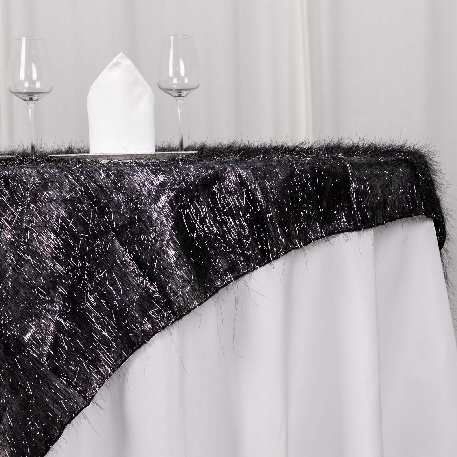 Polyester Table Overlay 72"x72" Black - Metallic Fringe Shag Tinsel Table Topper - Image 5