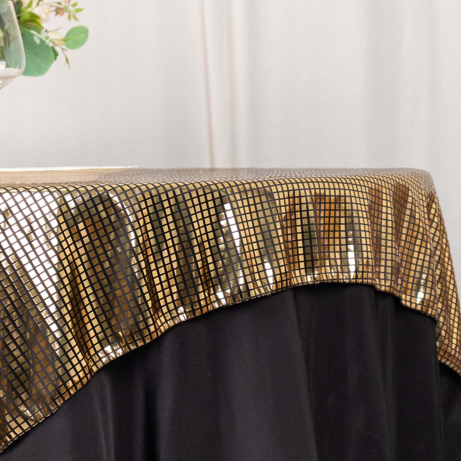 Polyester Table Overlay 72"x72" Black with Gold Foil Disco Mirror Ball Design for Glam and Disco Themes - Image 2