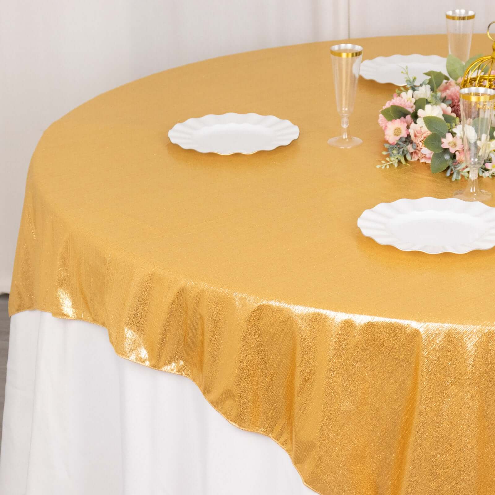 Polyester Table Overlay 72"x72" Gold - Shimmer Sequin Dots Design, Wrinkle-Free Glitter Decor for Events - Image 2