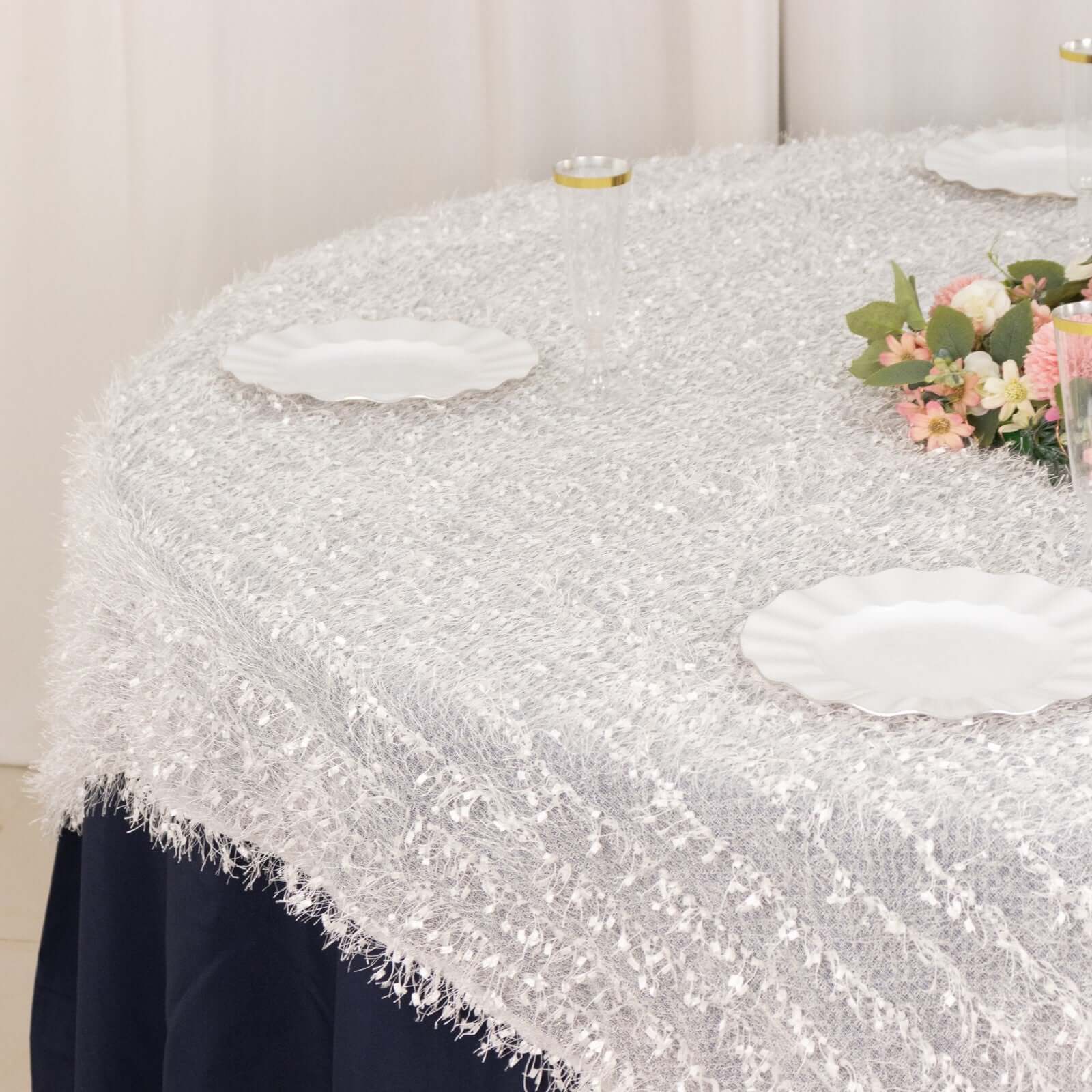 Polyester Table Overlay 72"x72" White - Fringe Shag Design, Unique Decor for Modern Events - Image 2
