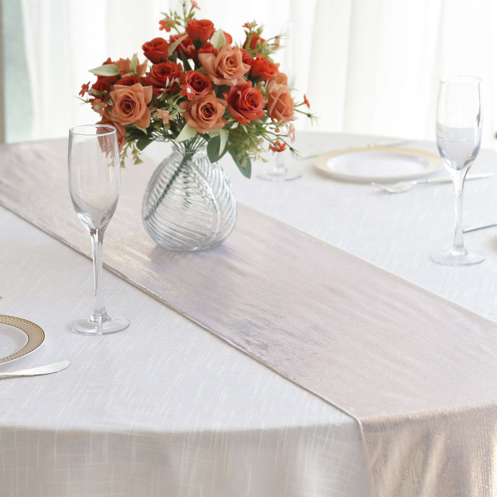 Polyester Table Runner 12"x108" Beige with Shimmer Sequin Dots Design - Wrinkle-Free Finish